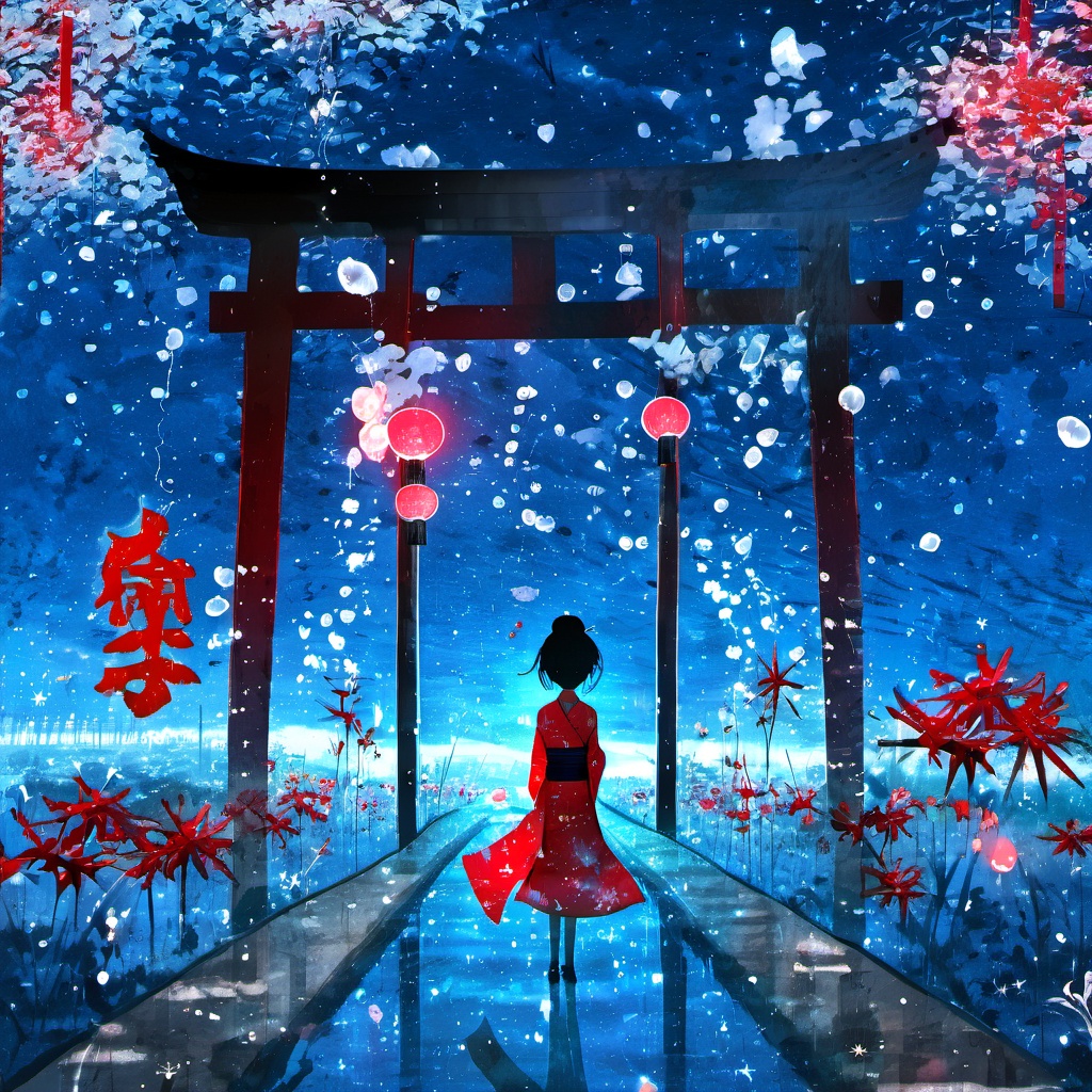 <lora:star_xl_v3:1>,silhouette painting, ethereal ambiance, 1girl, blue and red theme, solo, standing, flower, sky, petals, night, scenery, bubble, torii, spider lily, japanese clothes, light particles, lantern, architecture, the image portrays a serene nighttime scene, in a traditional japanese setting, a wooden torii gate stands prominently flanked by tall pillars, the ground is covered with a transparent surface, the sky is filled with stars, there are floating petals of light, there's a modern building with large windows, a silhouette of a girl stands in the distance gazing at the sky, torii gate, pillars, stars, floating orbs, modern building, lone figure