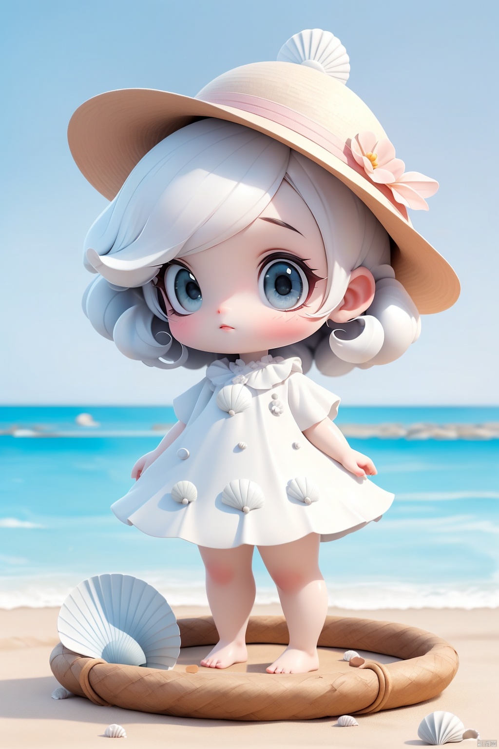 (Girlish body type), (masterpiece), (best quality), Exquisite visuals, high-definition, (ultra detailed), finely detail, ((solo)), (white Silver hair), (gradient Blue), (beautiful detailed eyes), Kawai, loveliness, ,standing, ((full body)), a slightly shy little shell with short white hair, anthropomorphic shells,a center cut, (child:1.2), wearing a white shell outfit and a swimming ring. (((Shell clothes and hats))),The environment is next to the beach, with coconut trees and many seashells on the beach