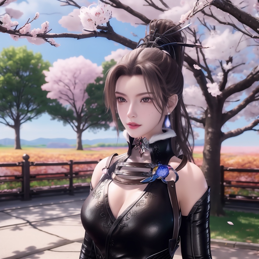 <lora:万界至尊-李雪衣-皮衣:0.8>, (,1girl, ,best quality, ),looking at viewer,  ultra realistic 8k cg,ultra detailed 8k cg,masterpiece,upper body,  (( , )),, ,science fiction,mole, ,    ,outdoors, sun,sunlight, cherry blossoms,      (cleavage),,  (),