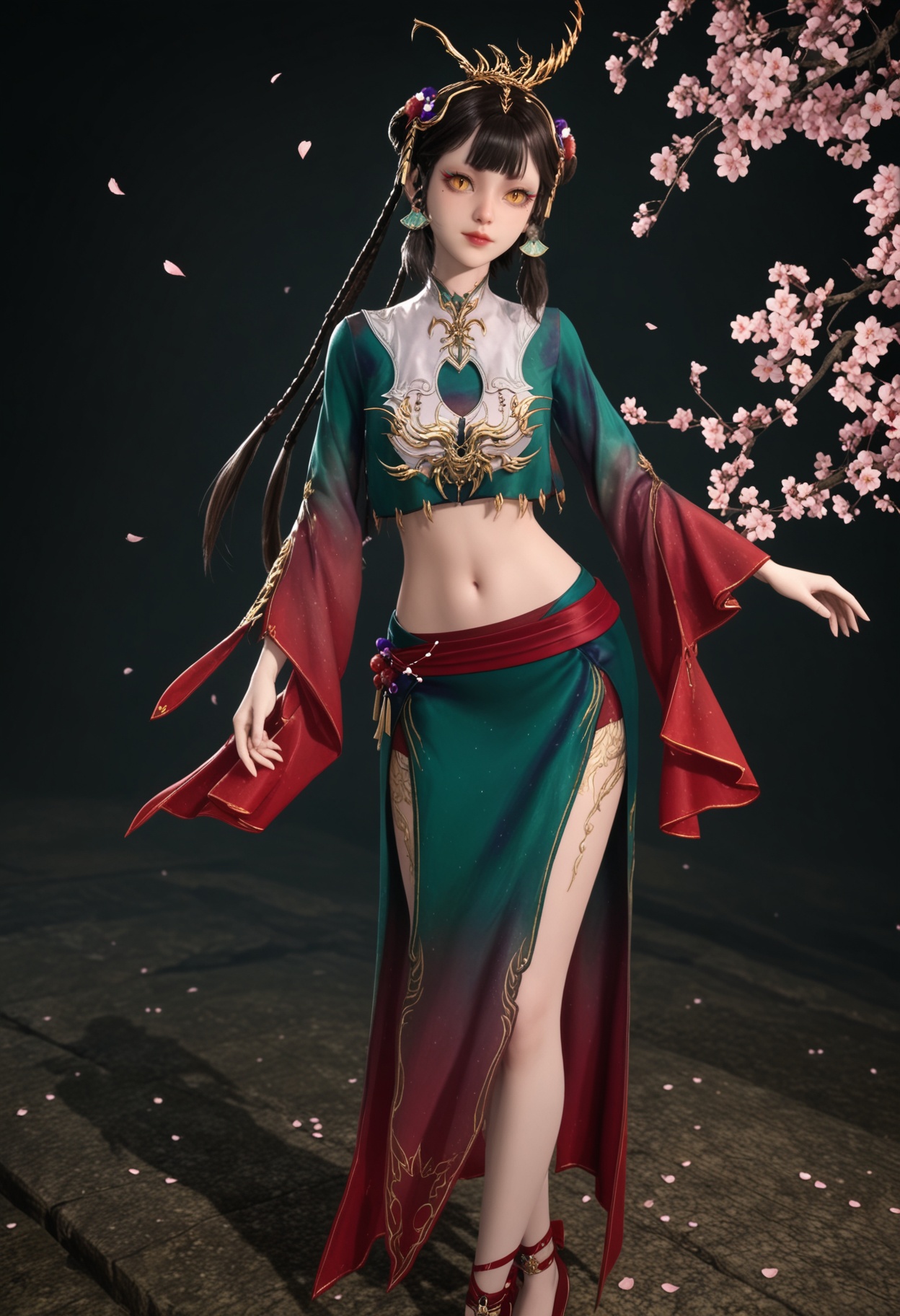 (standing full_body:1.1),looking at viewer:1.1,masterpiece,(best quality),smog,Dark room,dim lighting,peach blossom,falling petals,<lora:YQ_Illustrious光辉v5_仙清儿_V1:0.8>,q1528437228,1girl,solo,hair ornament,black hair,braid,long hair,jewelry,makeup,earrings,chinese clothes,eyeshadow,mole under eye,brown hair,crop top,dress,yellow eyes,skirt,brown eyes,hair bun,hair rings,twin braids,multiple braids,double bun,green dress,blunt bangs,hair flower,long sleeves,red footwear,slit pupils,