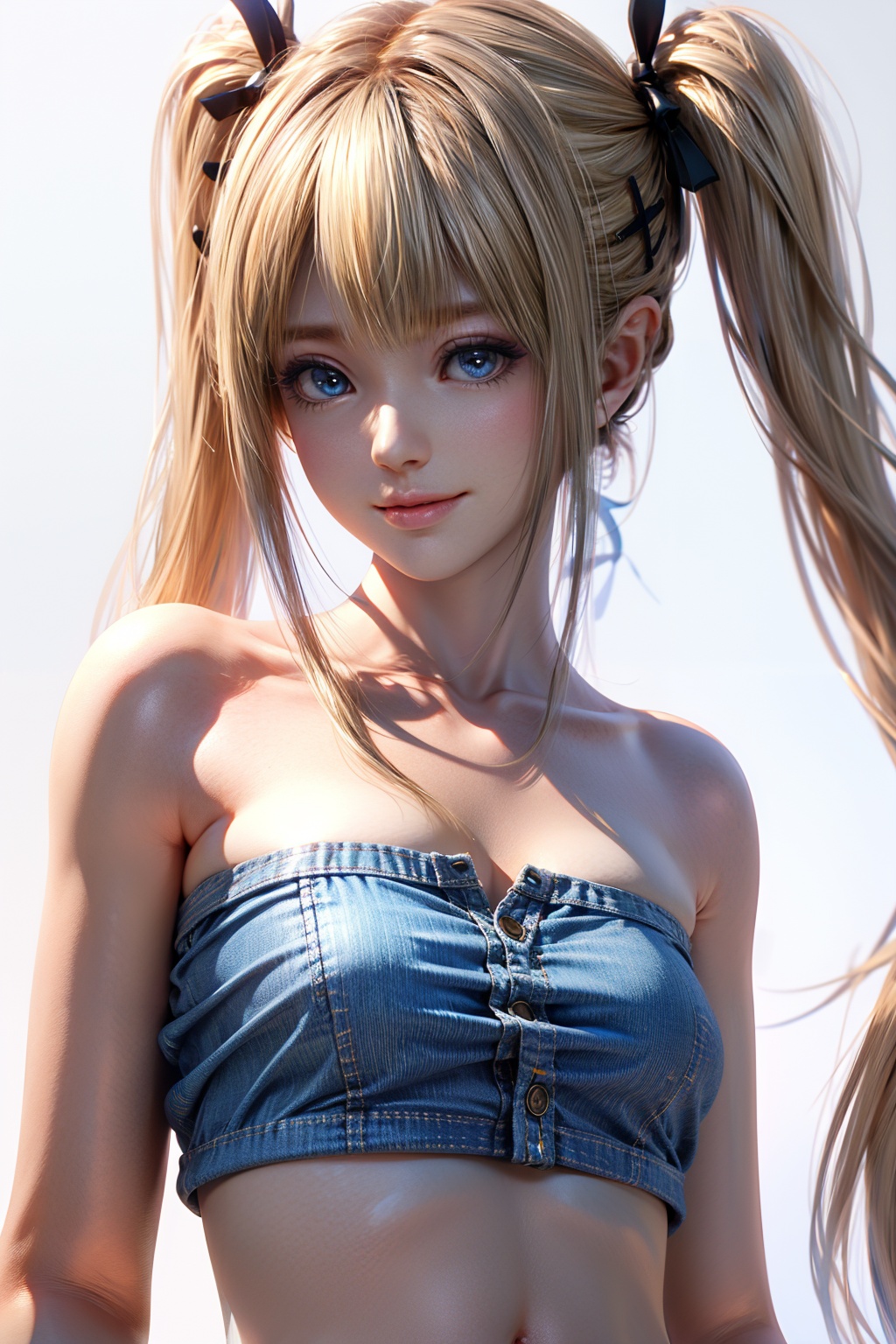 perfect hands,pretty hands,Best quality,masterpiece,ultra high res,high quality,8k,wallpaper,fine lineart,highly detailed,absurdres,upper body,(waving:1.1),marie rose,1girl,solo,breasts,navel,white background,small breasts,looking at viewer,standing,simple background,closed mouth,bandeau,smile,denim shorts,bare shoulders,collarbone,open fly,strapless,midriff,front view,<lora:marierose2rface:0.7>,<lora:女生Add More Details - Detail Enhancer _ Tweaker (细节调整) LoRA_v1.0:0.5>,twintails,