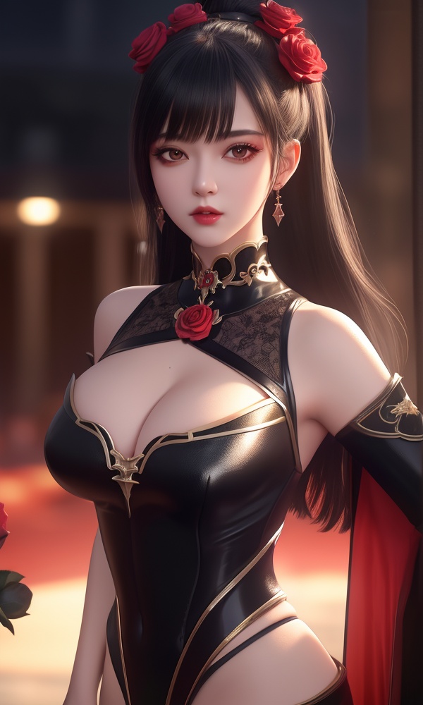 (,1girl, ,best quality, ),looking at viewer, <lora:418-DA-百炼成神-莫雨馨:0.8> ,,ultra detailed background,ultra detailed background,ultra realistic 8k cg,, ,masterpiece, (( , )),, ,science fiction,mole, ,    ,red moon, black rose,     (cleavage), (), 1girl, , , depth_of_field, solo, , ,