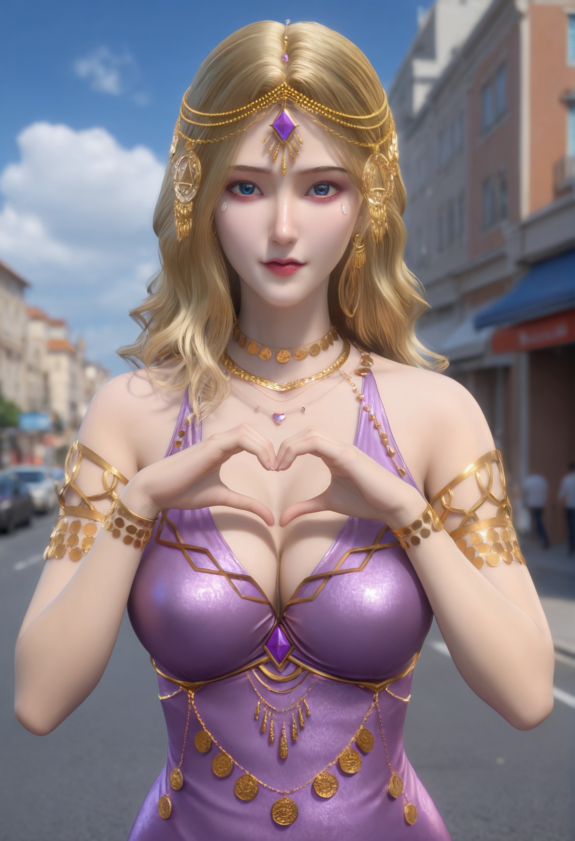 (score_9),<lora:卡丹1-Apony:0.85>,kardan,(mature_female),solo,blonde hair,long hair,hair ornament,jewelry,necklace,forehead jewel,head chain,gem,armlet,bracelet,purple dress,<lora:perfect eyes_v1:1>,blue eyes,looking at viewer,front view,light blush,<lora:Expressive_H-000001:0.8>,heart hands,(glamor:1.2),curvy,collarbone,pointy breasts,puffy breasts,large breasts,narrow waist,outdoors,street,blue sky,blur background,building,city,cloud,cloudy sky,day,depth of field,<lora:皮肤凹痕:1.2>,