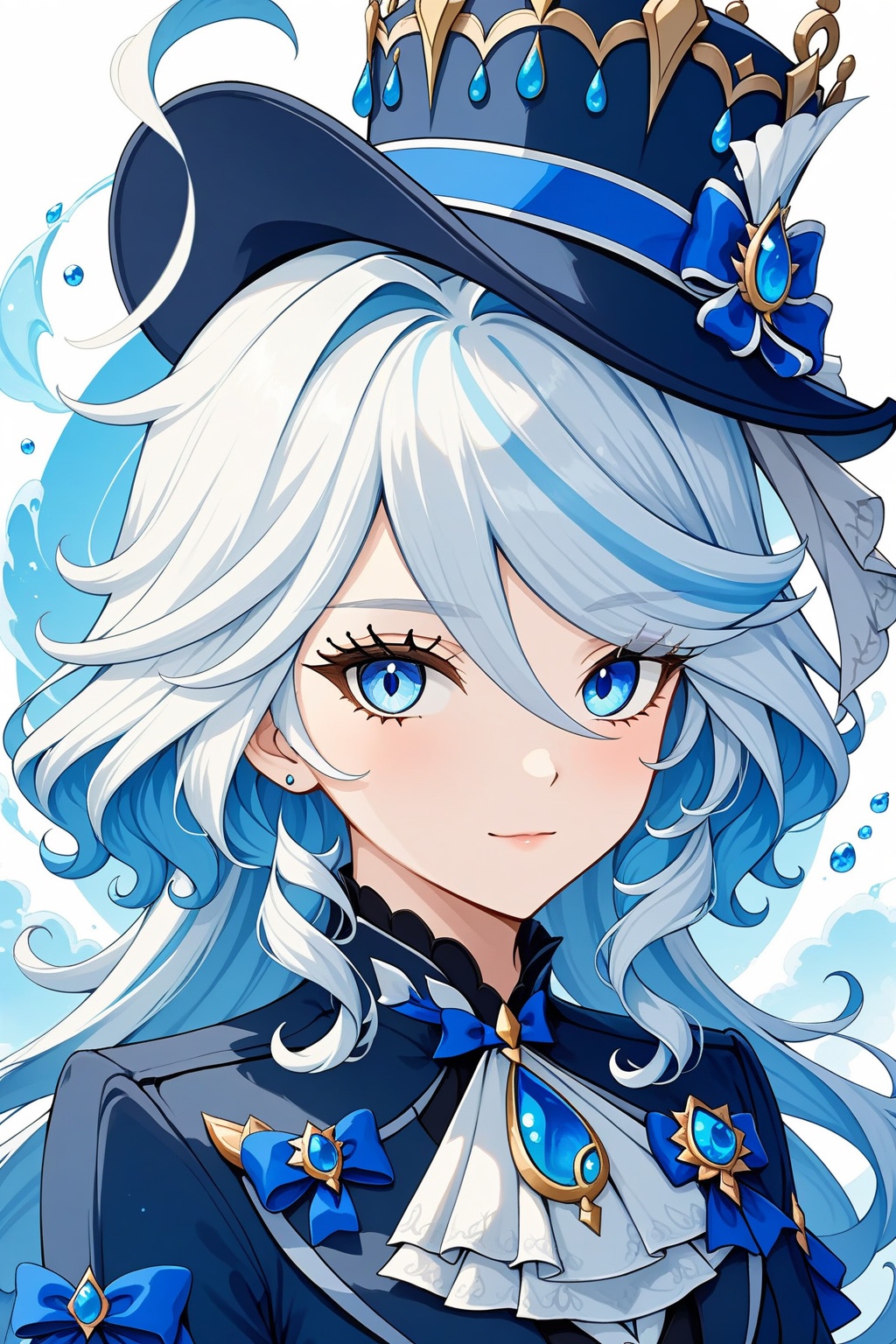 solo,FURINA\(genshin impact\),portrait,upper_body,highres,blue eyes, gloves, hat, solo, white hair, looking at viewer, long hair,