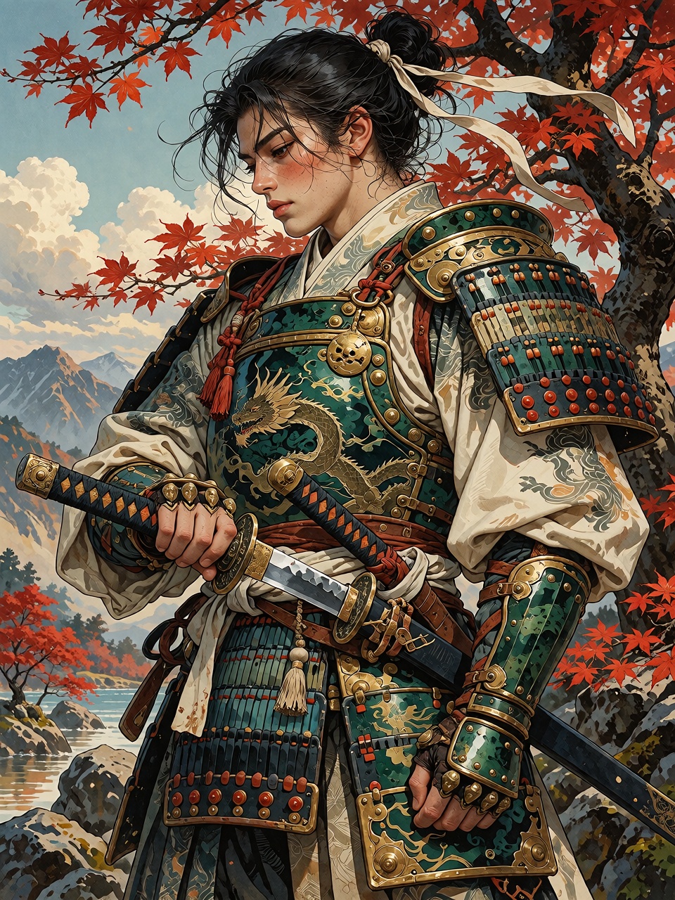 A handsome wandering samurai standing beneath a crimson maple tree,  ornate jade-green lacquered armor with delicate engra...