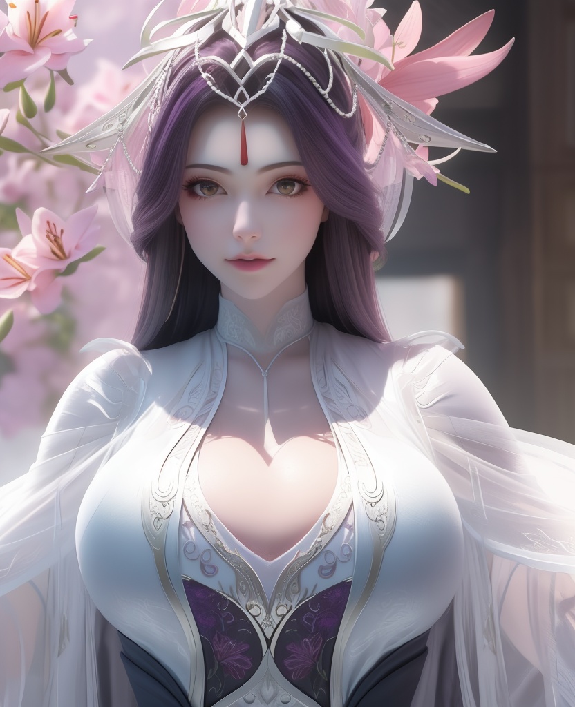 <lora:557-DA-百炼成神-玉婆婆:0.8>(,1girl, ,best quality, ),looking at viewer,  ,ultra detailed 8k cg,ultra detailed background,ultra realistic 8k cg,1girl, solo,(bare shoulders:0.85),(masterpiece, best quality),((oil painting style)),sexy young lady,(beautiful face and eyes),(upper body:1.5),(whole body:1.05),(single person:1.2),surrounded by flowers, (lily), roses, floret, vegetation, white, purple, purplish pink,Impressionism,colorful,(Breast size:1.3),(cleavage),