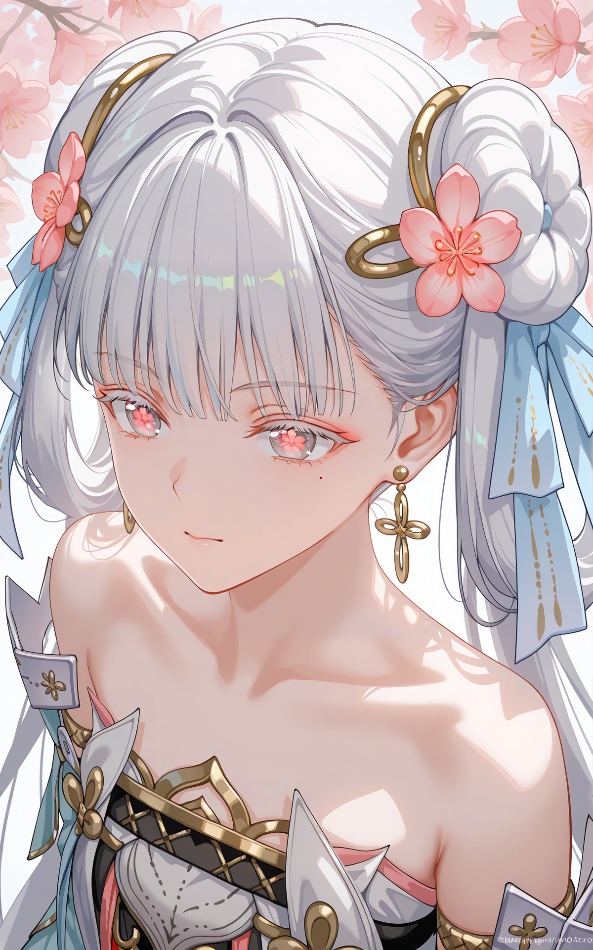 8k,best quality,masterpiece,(ultra-detailed),(high detailed skin),((artist:reoen),(artist:fuzichoco),(artist:atdan),(artist:torino_aqua),year 2024:0.8),[artist:wlop],[artist:ningen_mame],artist:ciloranko,[[artist:rhasta]],artist:tidsean,colorful,<lora:xl-ill-jinhsi_TYZZ(wuthering waves)v1-000010:0.8>,jinhsi:TaoYaoZhuoZhuo\(wuthering waves\),1girl,solo,red eyes,peach blossom pupils,mole,mole under eye,flower,peach blossom,hair bun,double bun,hair ornament,hair flower,hair ribbon,ribbon,jewelry,grey hair,long hair,earrings,collarbone,close up,from_above,dutch angle,