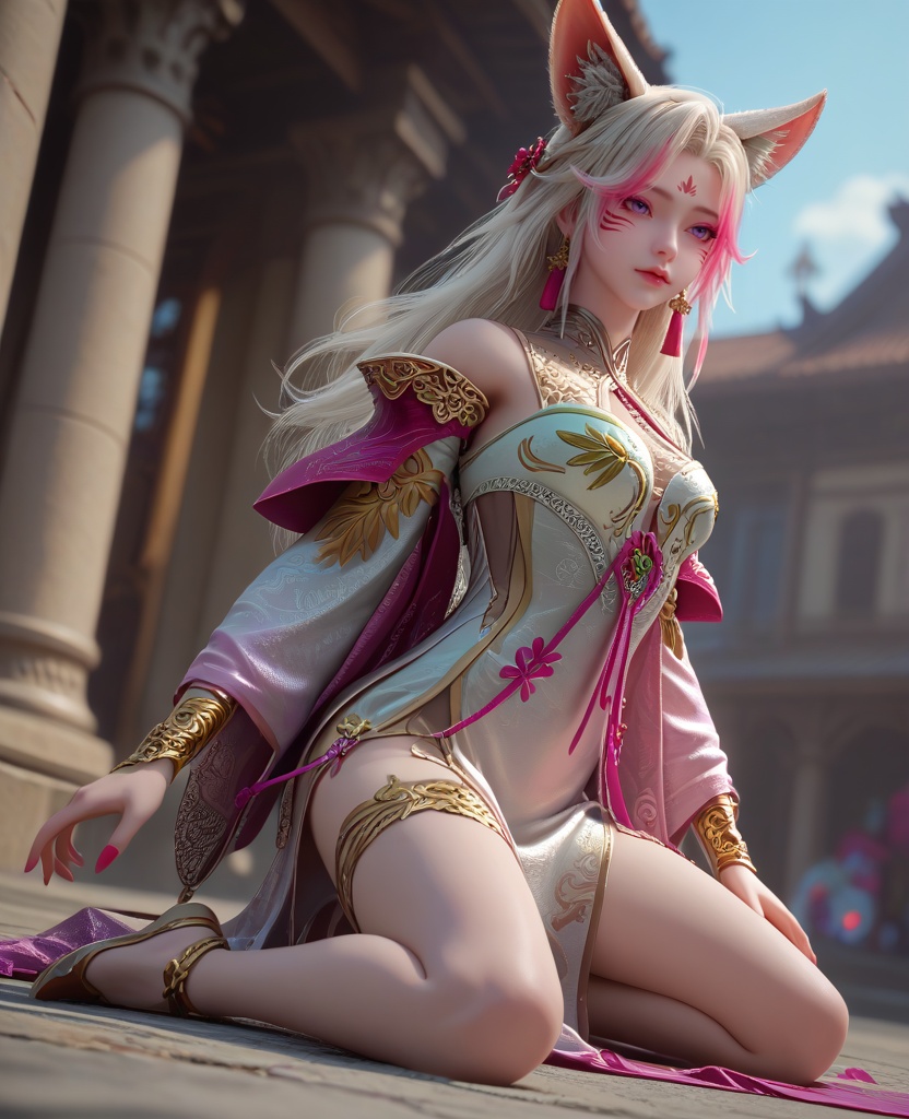 (oriental architecture, elegant decor, sophisticated style:1.1),(Kneeling on one knee, looking down with a hint of vulnerability,:1.1),(breasts:1.2),<lora:XL16克金玩家小狸:0.95>,1girl,white china dress,facial mark,purple eyes,pink streaked hair,white hair,long hair,fox ears,jewelry,earrings,pink shawl,bracelet,, zPDXL2, score_9, score_8_up, score_7_up BREAK realistic, masterpiece,best quality, highly detailed,, zPDXL3, zPDXL2,zPDXL, zPDXLxxx, zPDXLrl,