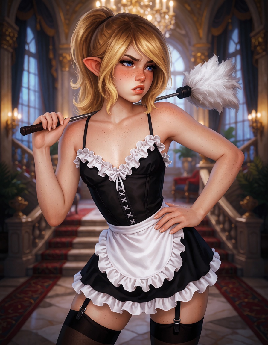In the style of YuniA young woman is annoyed and angry with her face scrunched in disgust. She has long blonde hair tied b...