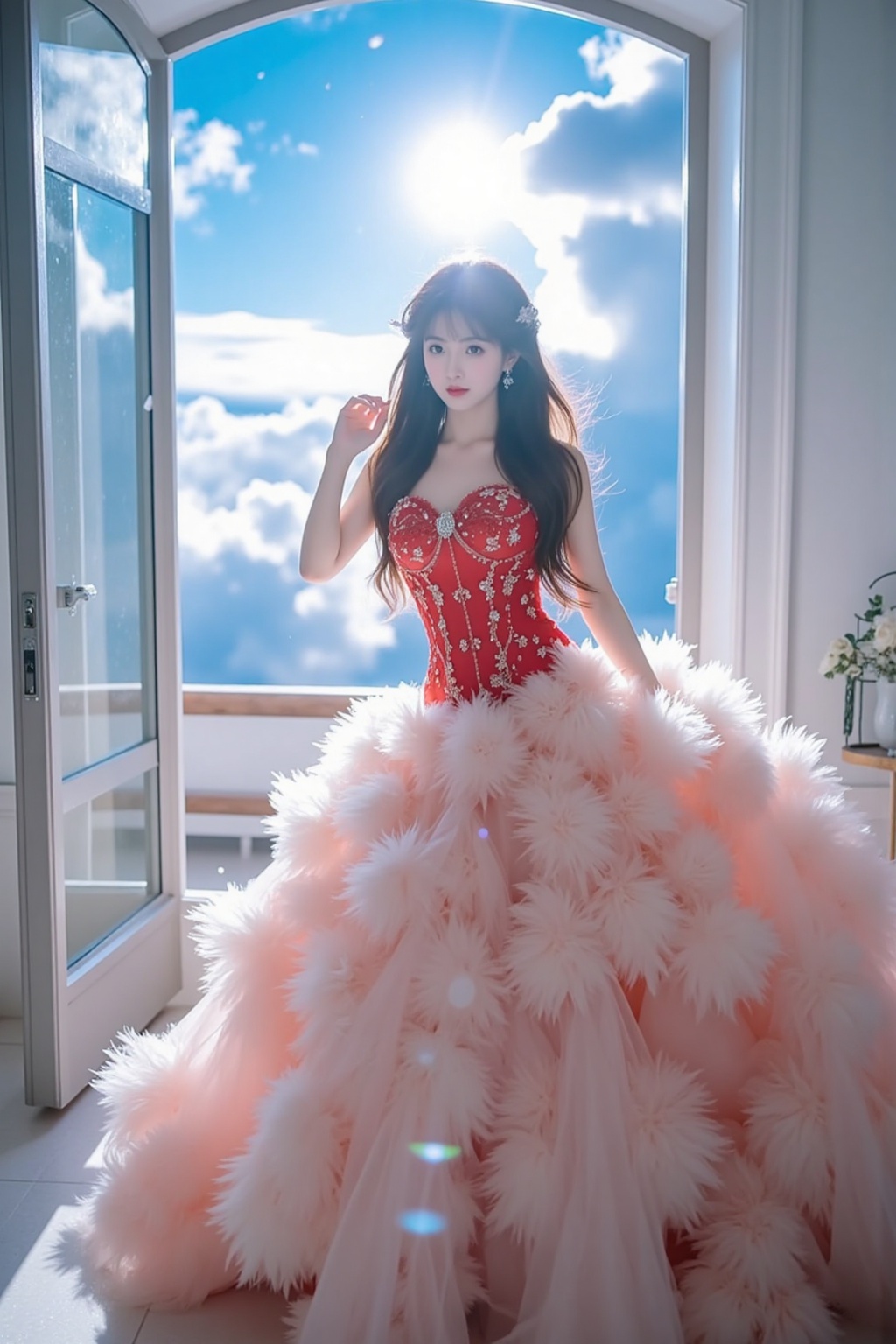 TYZ,1girl,solo,long hair,breasts,looking at viewer,brown hair hair,dress,bare shoulders,medium breasts,full body,earrings,indoors,high heels,lips,makeup,red dress,sunlight,lipstick,strapless dress,stairs,(((There are Suspended staircase above the sky))),(((Heaven, beautiful detailed sky))),beautiful detailed cumulonimbus,(((extremely detailed CG unity 8k wallpaper, masterpiece, best quality, ultra-detailed))),(best illumination, best shadow, an extremely delicate and beautiful),dynamic angle,floating,finely detail,(bloom),(shine),glinting stars,feather,nature,(sunlight),fairyland,extremely delicate and beautiful girls,full body,xuer Haute couture dress,(very aesthetic, best quality,ultra detailed),intricate details,dark theme,soothing tones,high contrast,natural skin texture,soft light,sharp,masterpiece,best quality,(ray tracing),sunlight,(scenic view:1.1),