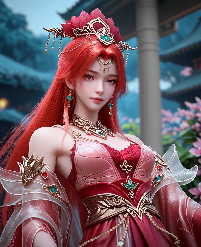 (oriental architecture, elegant decor, sophisticated style:1.1),lying on back, parallel to the camera,(breasts:1.2),<lora:XL16完美世界戚琳:0.95>,miss qilin,red dress,red eyes,red hair,very long hair,hair ornament,traditional chinese updo with long front strands,earrings,jewelry,red bra,bare shoulders,choker,sash,, zPDXL2, score_9, score_8_up, score_7_up BREAK realistic, masterpiece,best quality, highly detailed,, zPDXL3, zPDXL2,zPDXL, zPDXLxxx, zPDXLrl,