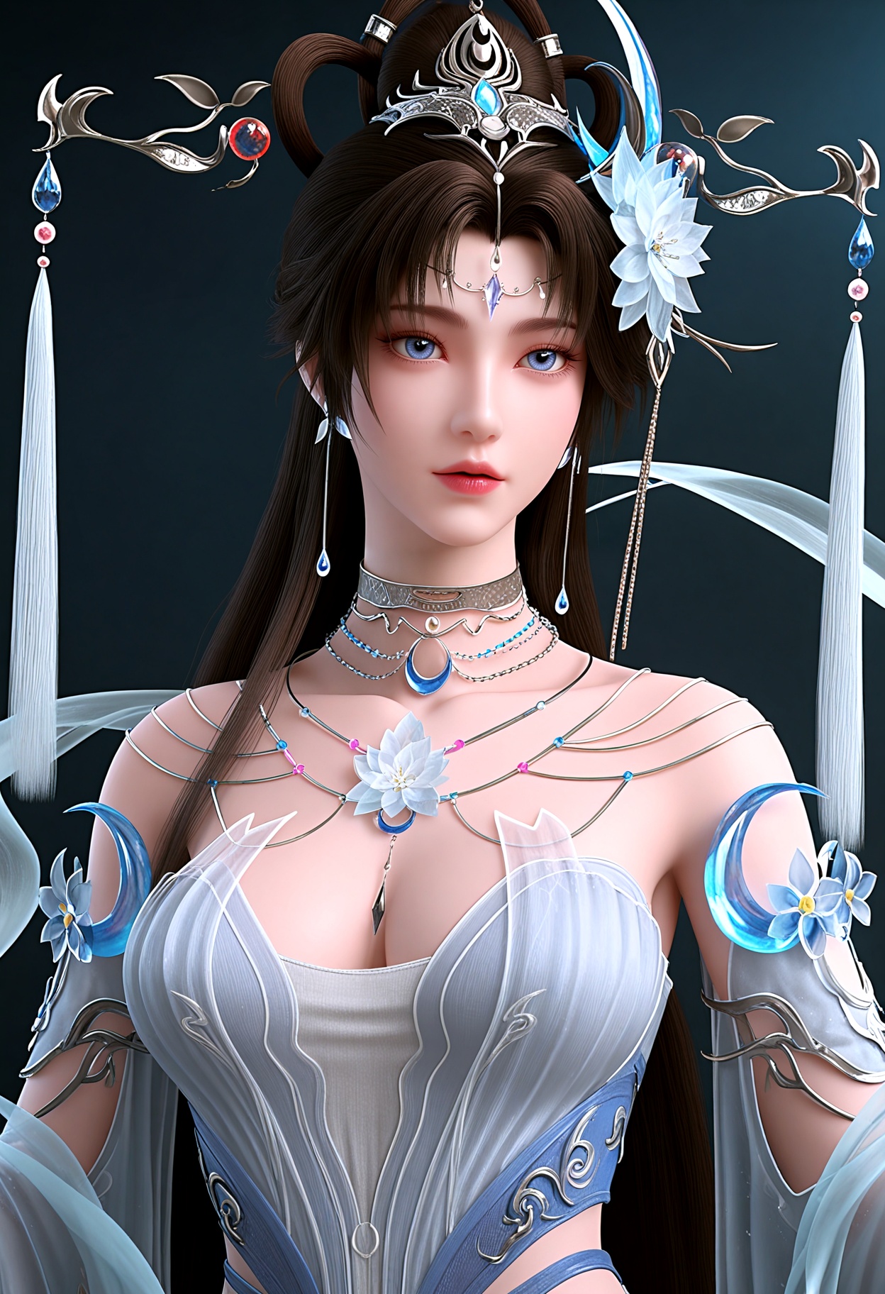 (upper_body:1.2),(gigantic breasts:0.6),(slender:1.3),(looking_at_viewer:1.1),(masterpiece:1.1),(best quality:1.2),(intricate details),(smog:1.3),(Dark room:1.3),(dim lighting:1.3),peach blossom,falling petals,<lora:YQ_Illustrious光辉v5_邀月公主_V1:0.8>,q1528437228,1girl,solo,jewelry,long hair,hair ornament,earrings,blue eyes,necklace,dress,forehead mark,black hair,hair flower,brown hair,white dress,hair bun,detached sleeves,hair rings,masterpiece,(best quality),(intricate details:0.9) BREAK (intricate details:0.9),(realistic skin:1.2),masterpiece,best quality,newest,absurdres,hiahres,