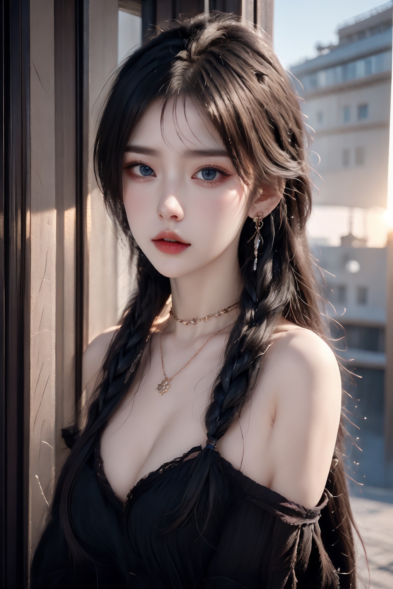 1girl, artist name, bare shoulders, blue eyes, blue hair, blurry, blurry background, braid, breasts, building, choker, cleavage, depth of field, earrings, hair over shoulder, jewelry, long hair, looking at viewer, medium breasts, necklace, off shoulder, outdoors, parted lips, single braid, solo, sunset, upper body  <lora:1:1>