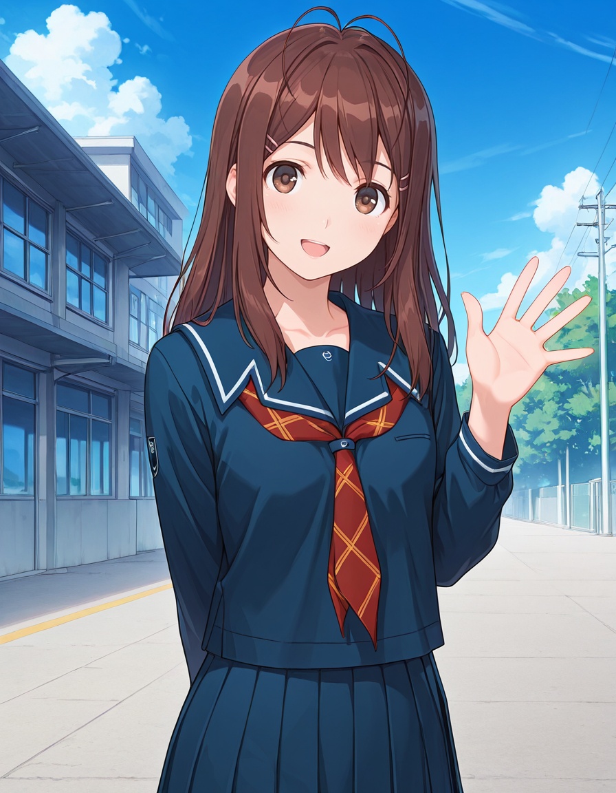 masterpiece, best quality, amazing quality, detailed background,1girl, outdoors, blue sky, solo, school, looking at viewer, waving, smile, open mouth, <lora:yuumi_hoshino-kimikiss_pure_rouge_s1-ixl-anime-soralz:1>, yuumi hoshino (kimikiss pure rouge), long hair, antenna hair, hairclip, sidelocks, brown eyes, brown hair,school uniform, blue serafuku, blue sailor collar, orange neckerchief, plaid neckerchief, long sleeves, blue pleated skirt