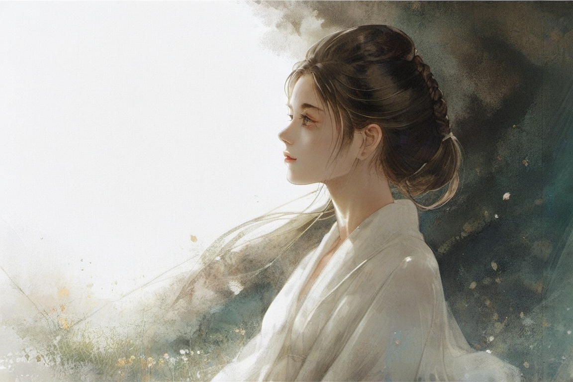 best quality,film grain,1girl,profile view,white dress,gaze upwards,serene expression,shadow play,mineral color painting,<lora:yancai-000012:0.8>,