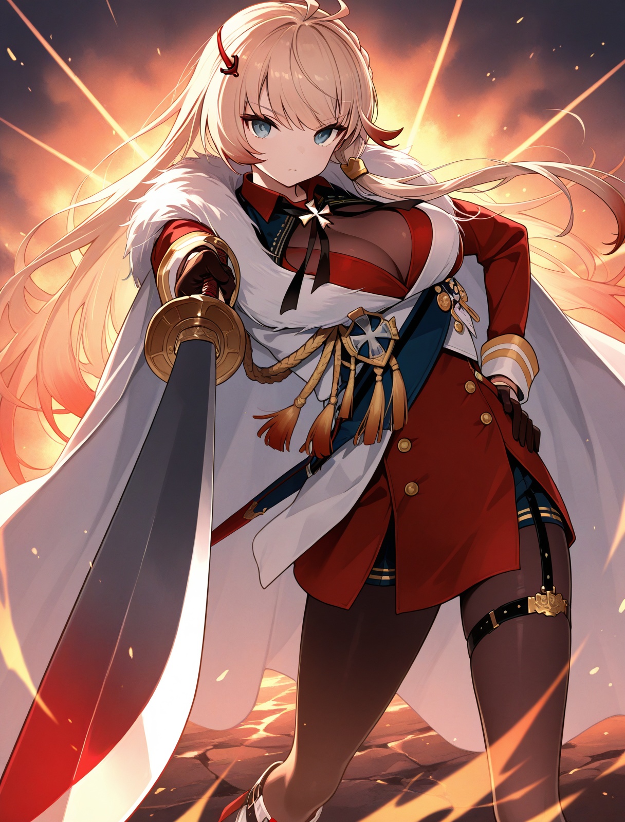 <lora:howe_IL_v1.0:1>,howe \(azur lane\),hand on own hip,holding sword,looking at viewer,foreshortening,incoming attack,fighting stance,, masterpiece,best quality,