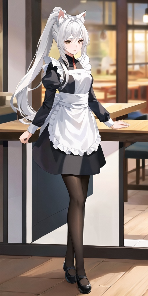 xuanji,1girl,*****,animal ear fluff,white hair,maid,high ponytail,long hair,solo,black_pantyhose,small breasts,mary_janes,looking at viewer,full body,masterpiece,best quality,HDR,UHD,8K,Highly detailed,animal ears,bright,,restaurant,<lora:xuanji-000016:0.6>
