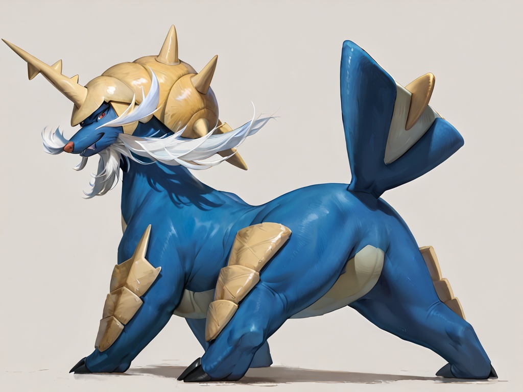 masterpiece,best quality,samurott,feral,solo,full body,pokemon \(creature\),simple background,score_9,score_8_up,score_7_up,<lora:samurott pony:1>,solo horn,white facial hair,3 claws,2 toes,black toes,Three claws on each front foot,Yellow shell-like armor around front claws,Yellow shell-like part on tail end,standing,from_back,spread legs,