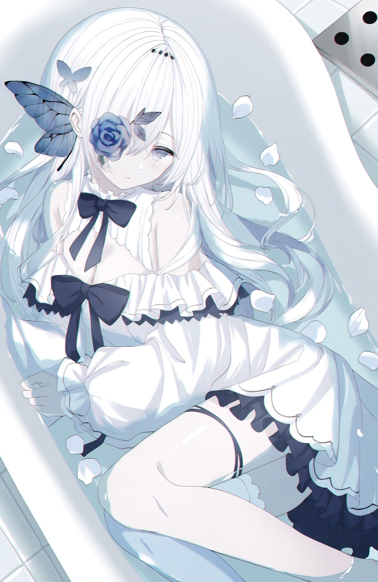 masterpiece,highres,absurdres,newest,best quality,loli,petite,high quality,chromatic_aberration,shiny_skin,//,1girl,bathtub,flower_over_eye,flower,dress,white_hair,white_dress,long_hair,solo,rose,blue_flower,grey_eyes,frilled_dress,bow,petals,wings,white_rose,white_flower,blue_rose,lying,frills,on_side,black_bow,ribbon,butterfly_hair_ornament,off-shoulder_dress,black_ribbon,hair_ornament,asymmetrical_legwear,virtual_youtuber,blue_butterfly,bath,bare_shoulders,expressionless,tiles,insect_wings,long_sleeves,partially_submerged,white_theme,thighhighs,bowtie,one_eye_covered,single_thighhigh//,medium breasts,bouncing breasts,cleavage,bare shoulders,//,<lora:aestivation——【CKXL】hans:0.8>,