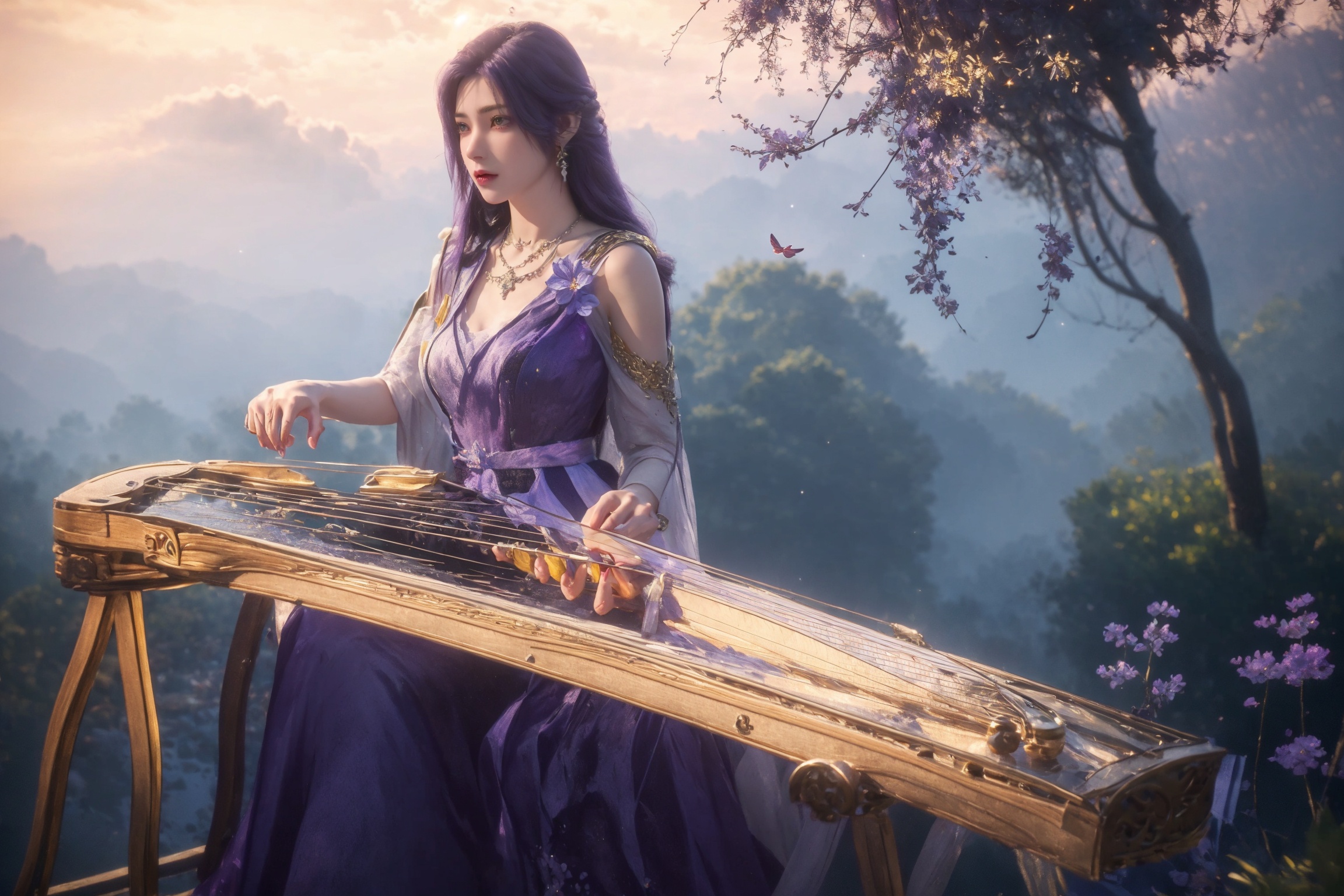 ((4k,masterpiece,best quality)),professional camera,8k photos,wallpaper,purple hair,1girl,solo,long hair,(dress:1.3),jewelry,eyes,earrings,outdoors,sky,sparkle_water,necklace,dress,lips,sparkle,sitting,flower,outdoors,water,tree,music,playing instrument,zither,Flowers,meadows,lavender,butterflies,<lora:NM_FC-云曦-易容泛化_2.0 (1):0.8>,<lora:美人胚子(油彩画风):0.4>,