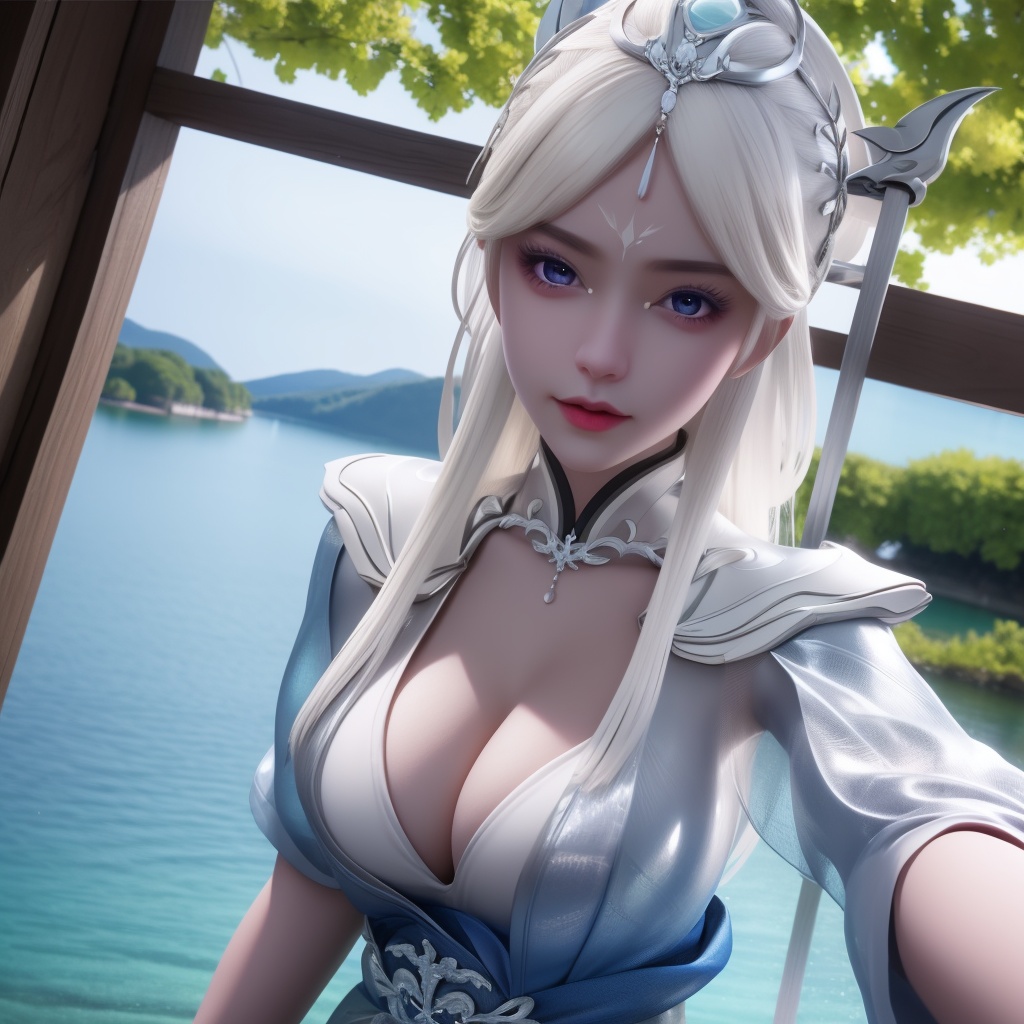 <lora:741-DA-万界独尊-杨天雪:0.8>, (,1girl, ,best quality, ),looking at viewer,  ,ultra detailed 8k cg, ultra detailed background,  ,masterpiece, (( , )) , lake,upper body,   (cleavage), (),