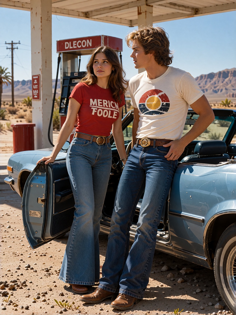 A couple stopping at a lonely desert gas station in the 1970s,  old convertible,  flared jeans on Tensor.Art