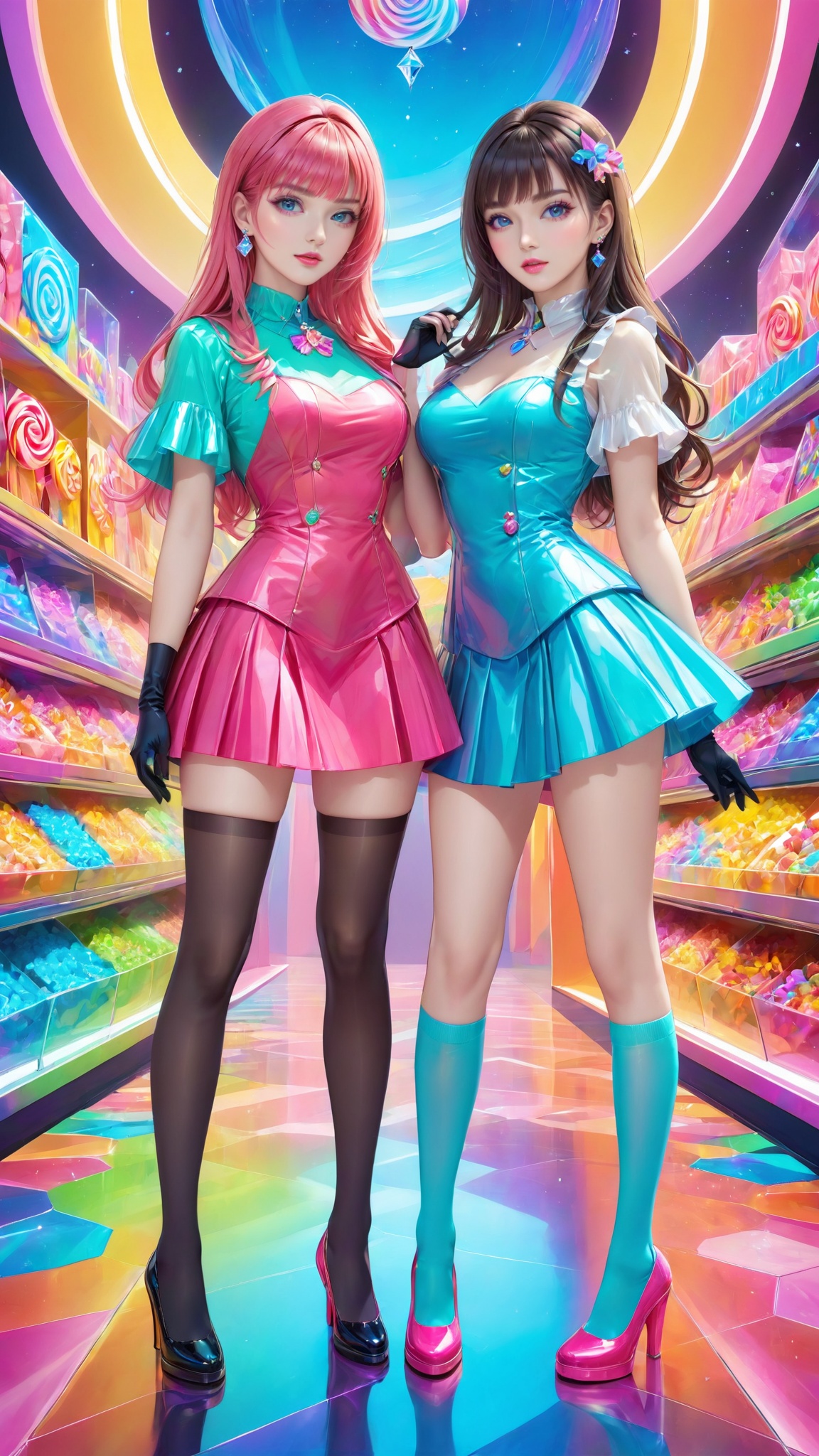 masterpiece,bestquality,candy lady,two candy ladies,slender legs,elegant full body posture,colorful top,colorful dress,colorful socks,sci-fi crystal background,candy long boots,<lora:20240730-1722271406618:0.5>,<lora:detailer-xl:1>,crystal world,standing,