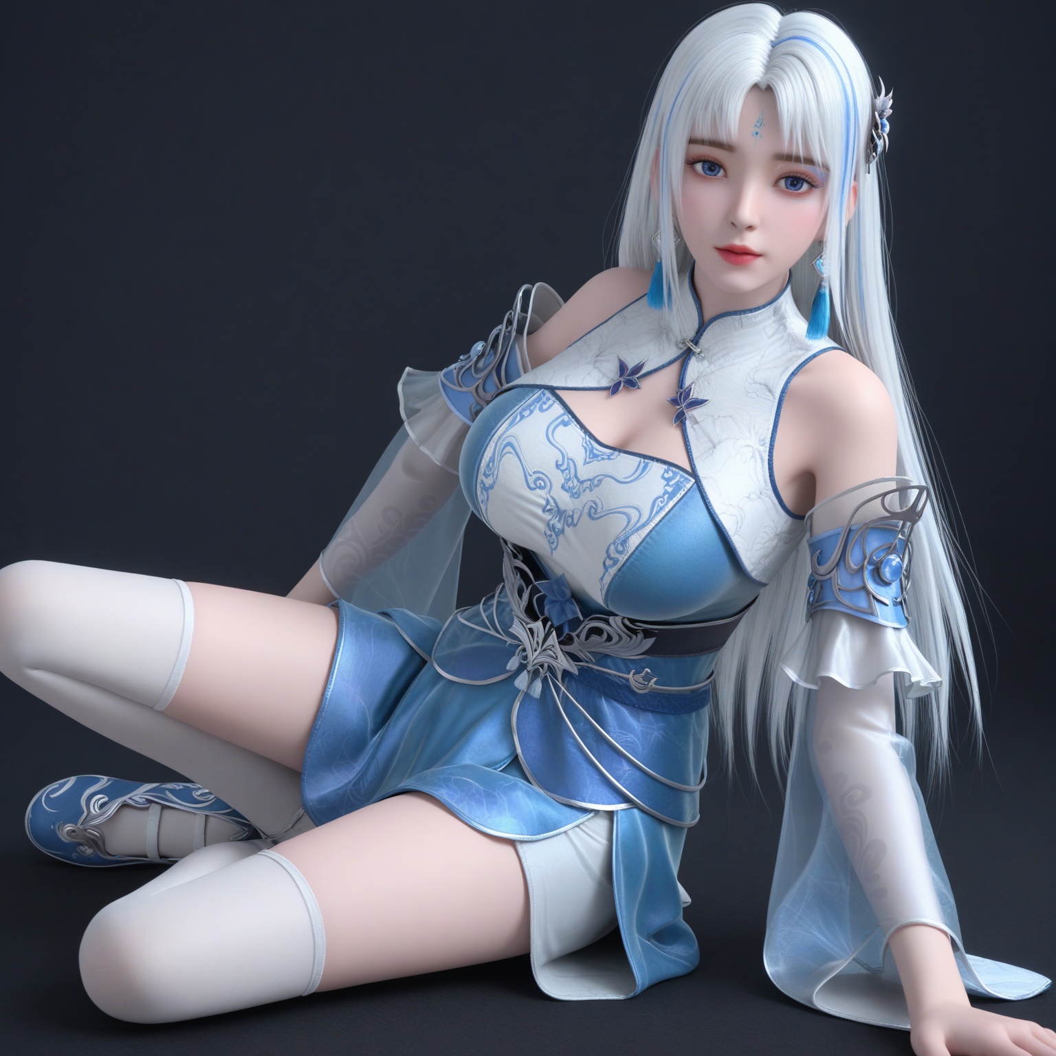 (upper_body:1.1),(huge breasts:0.9),87.<lora:YQponysuchangqingV2:0.8>,(q1528437228:1.1),1girl,solo,long_hair,white_hair,dress,earrings,jewelry,bare_shoulders,detached_sleeves,blue_eyes,blue_dress,clothing_cutout,chinese_clothes,hair_ornament,forehead_mark,blue_hair,facial_mark,multicolored_hair,thighhighs,china_dress,white_thighhighs,tassel_earrings,streaked_hair,bangs,tassel,skirt,blue_footwear,shoes,,blush,(looking_at_viewer:1.1),BREAKintricate details,shiny_skin,solo focus,(blurry background:1.1),(depth of field:1.1),perfect_anatomy,(cinematic lighting:0.9),(volumetric lighting:0.9),(simple background,pure black background,black background:1.1),