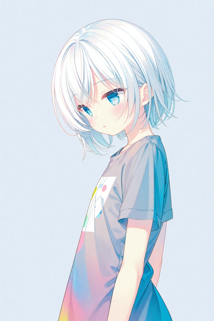 masterpiece,best quality,illustration,ultra detailed,hdr,Depth of field,(colorful),[Artist chen bin],rurudo,1girl,solo,light_blue_eyes,white background,white hair,short hair,simple background,clear face,one arm behind back,thinking,