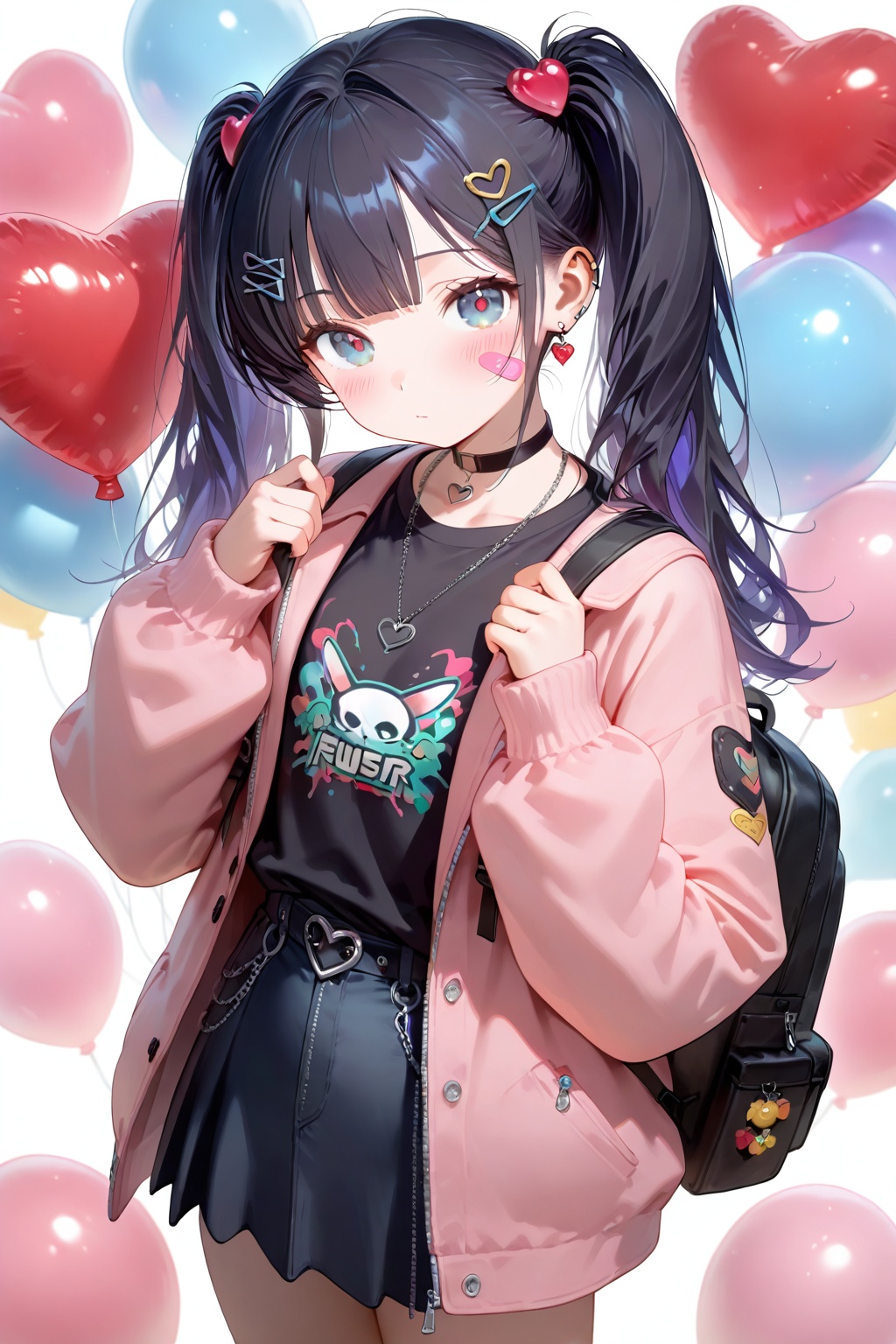 1girl, solo, shot hair, looking at viewer, blush, bangs, skirt, shirt, black hair, hair ornament, long sleeves, white background, twintails, jewelry, closed mouth, standing, jacket, heart, cowboy shot, earrings, open clothes, choker, hairclip, black skirt, necklace, bag, open jacket, black shirt, backpack, bandaid, zipper, heart hair ornament, bandaid on face, pink jacket, balloon, heart balloon