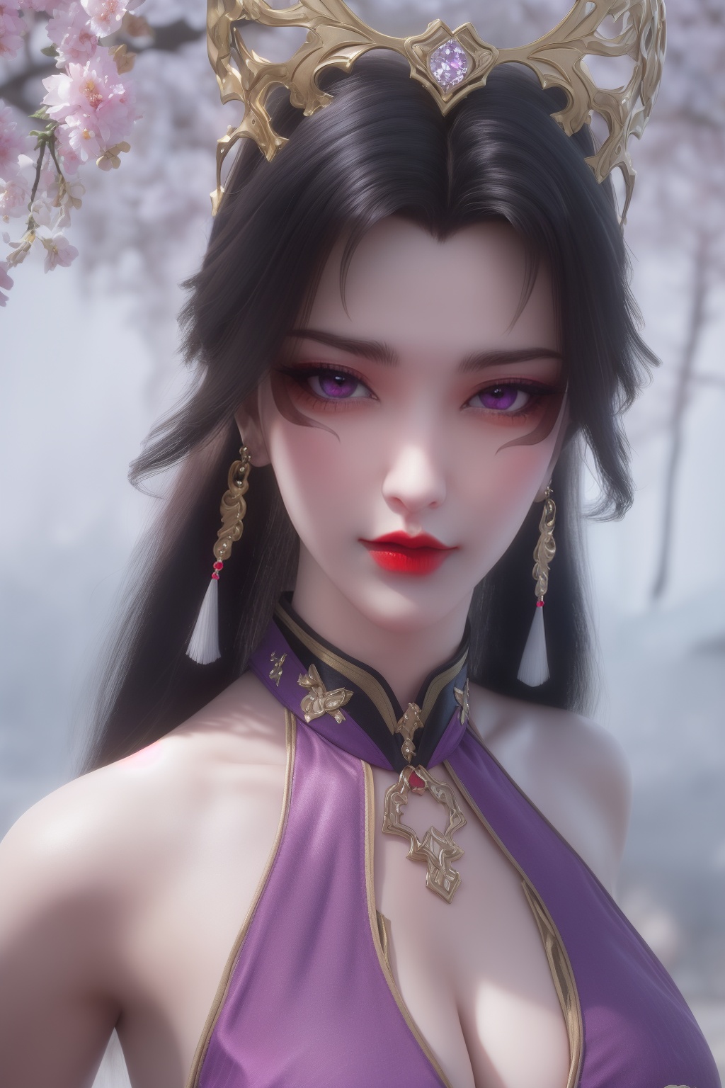photo_\(medium\),(8k, RAW photo, best_quality),(masterpiece:1.2),(realistic:1.2),(photorealistic:1.3),(ultra-detailed),(extremely_detailed_cg_8k_wallpaper),(crystal_texture_skin:1.3),(shiny:1.2),(shiny_skin:1.4),(extremely_delicate_and_beautiful),petals,flower,sky,cherry blossoms,falling petals,shenfengSiMiaoLing,1girl,solo,dress,purple dress,chinese clothes,torogao,red lips,breasts,large breasts,standing,jewelry,hair ornament,earring,necklace,realistic,looking at viewer,<lora:shenfengSiMiaoLing_20240707184257-000003:0.7>,
