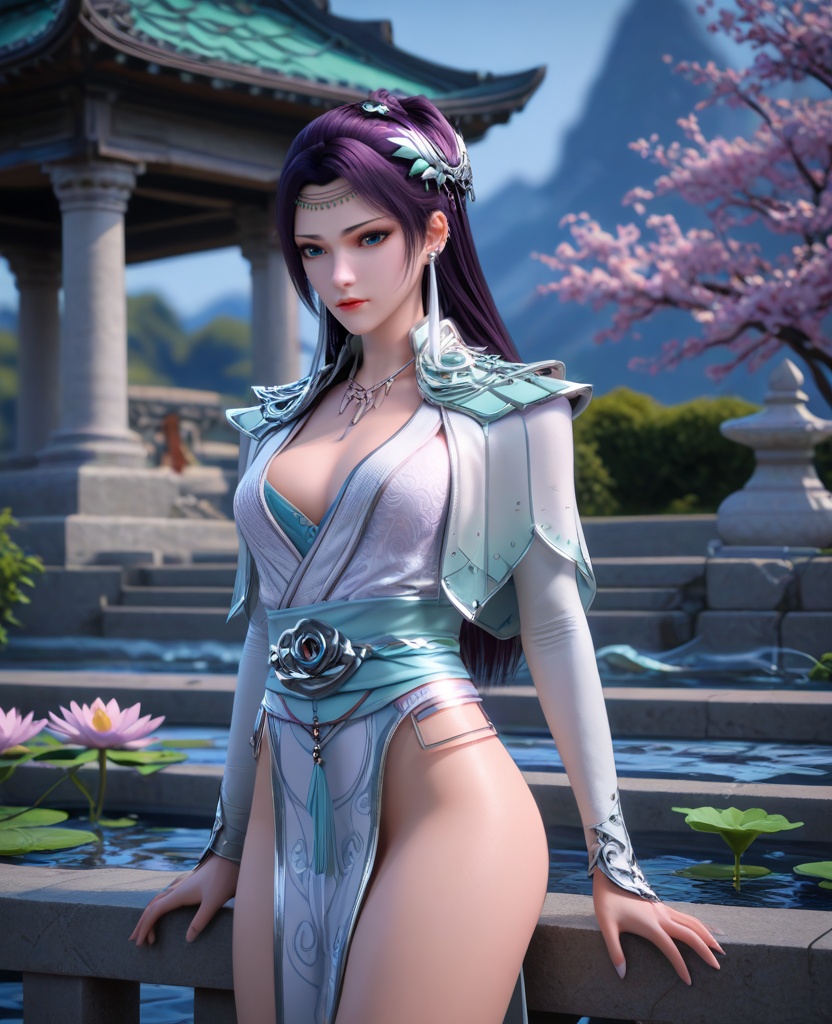 (oriental architecture, elegant decor, sophisticated style:1.1),(lotus position:1.1),(breasts:1.2),<lora:XL16斗破苍穹云韵:0.95>,miss yunyun,white silk mermaid dress,blue eyes,dark purple hair,half-up crown updo with long cascading hair,hair ornament,earrings,circlet,necklace,blue camisole,shoulder cape,elbow gloves,sash,pelvic curtain,spiral foot decoration,, score_9,score_8_up,score_7_up,score_6_up,score_5_up,score_4_up,3d rendering,tag1,tag2, Cinematic Lighting,backlighting,, zPDXL3, zPDXL2,zPDXL, zPDXLxxx, zPDXLrl,