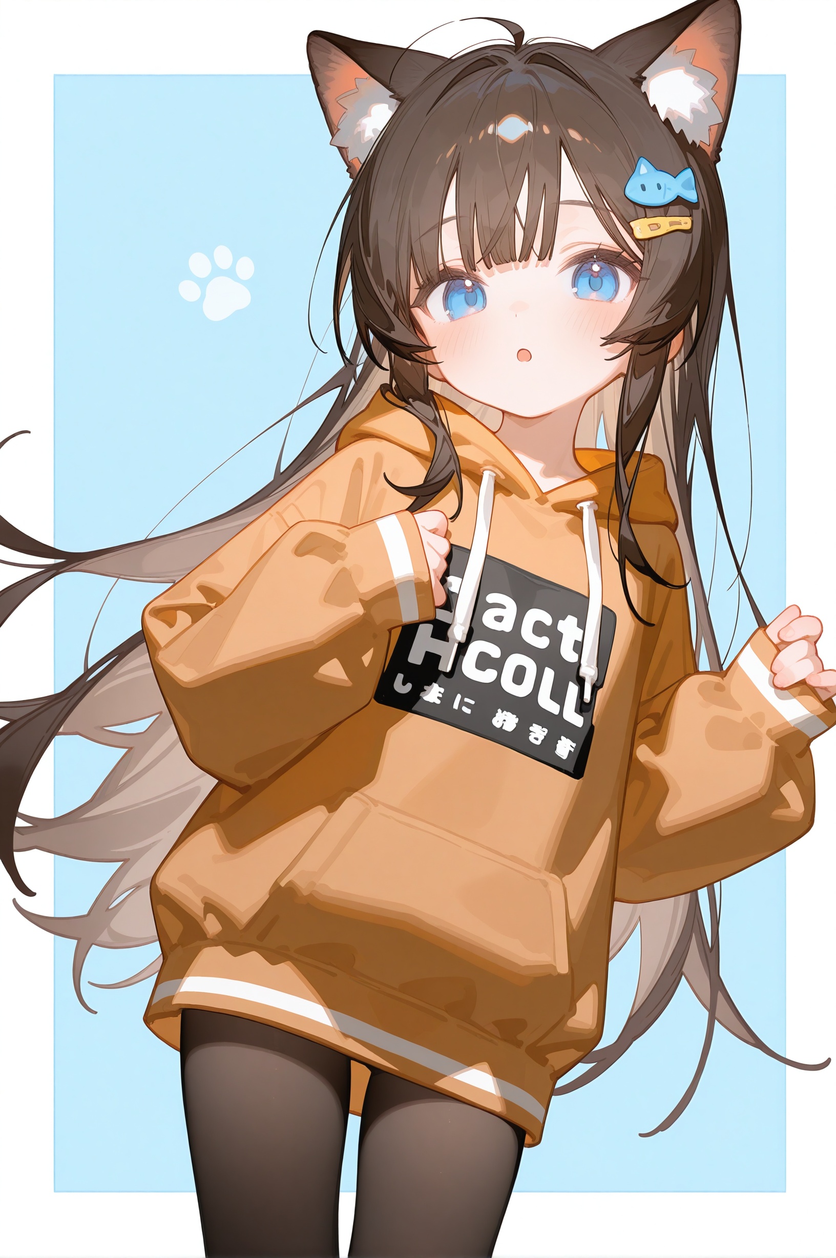 masterpiece,best quality,high quality,loli,chromatic_aberration,Light Blue Theme,1girl, solo, long hair, looking at viewer, blush, bangs, blue eyes, brown hair, hair ornament, long sleeves, white background, animal ears, very long hair, ahoge, pantyhose, parted lips, hairclip, puffy sleeves, cat ears, hood, :o, animal ear fluff, sleeves past wrists, black pantyhose, hands up, hoodie, feet out of frame, hood down, cat girl, clothes writing, two-tone background, puffy long sleeves, drawstring, cat hair ornament, fish hair ornament, brown hoodie