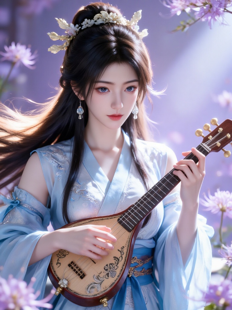 A photograph of a young woman in elaborate cosplay, dressed as a traditional Japanese geisha. She has long, wavy brown hair adorned with floral accessories, and wears a blue and white kimono with intricate patterns. She plays a shamisen, a traditional Japanese lute, with a serene expression. The background features purple flowers and soft lighting, enhancing the ethereal atmosphere., Steps: 30, Sampler: Euler, CFG scale: 3.5, Seed: 3165439864, Size: 768x1024, Model hash: f303b7601a56500301a9331622d6c3bad39be8ec7fd75b86392dc62288f41d0a, Model: ZOZ_人像特摄_写实_00001_.safetensors, Denoising strength: 0, RNG: CPU, Lora 1: ZOZ_国漫.safetensors, Lora Hash 1: 6e7c10ec35f71b3cdb57582a04b8182b678a2ae2b3d430e357e0674079d60934, Lora Weight 1: 0.8, vae_name: automatic
