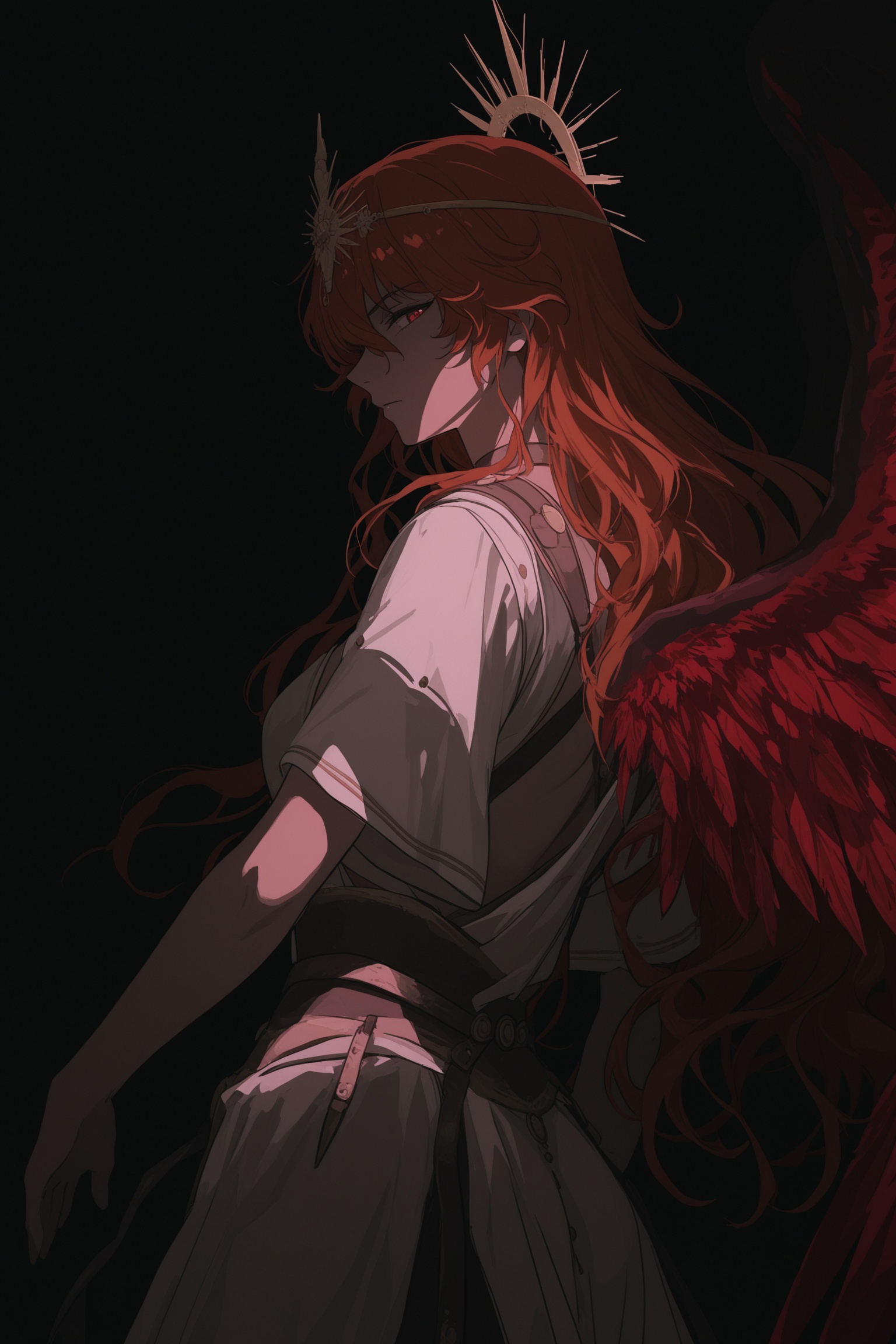 1girl,augusta \(wuthering waves\),anime coloring,a pink gold angel halo  realism,darkly romantic illustrations,black and red,red wings,i can't believe how beautiful this is,sideways glance,dark theme,simple background,black background,black theme,masterpiece,highres,greatscore,absurdres,soft_lighting,high_fantasy,delicate_lineart,soft_shading,muted_colors,ethereal_atmosphere,