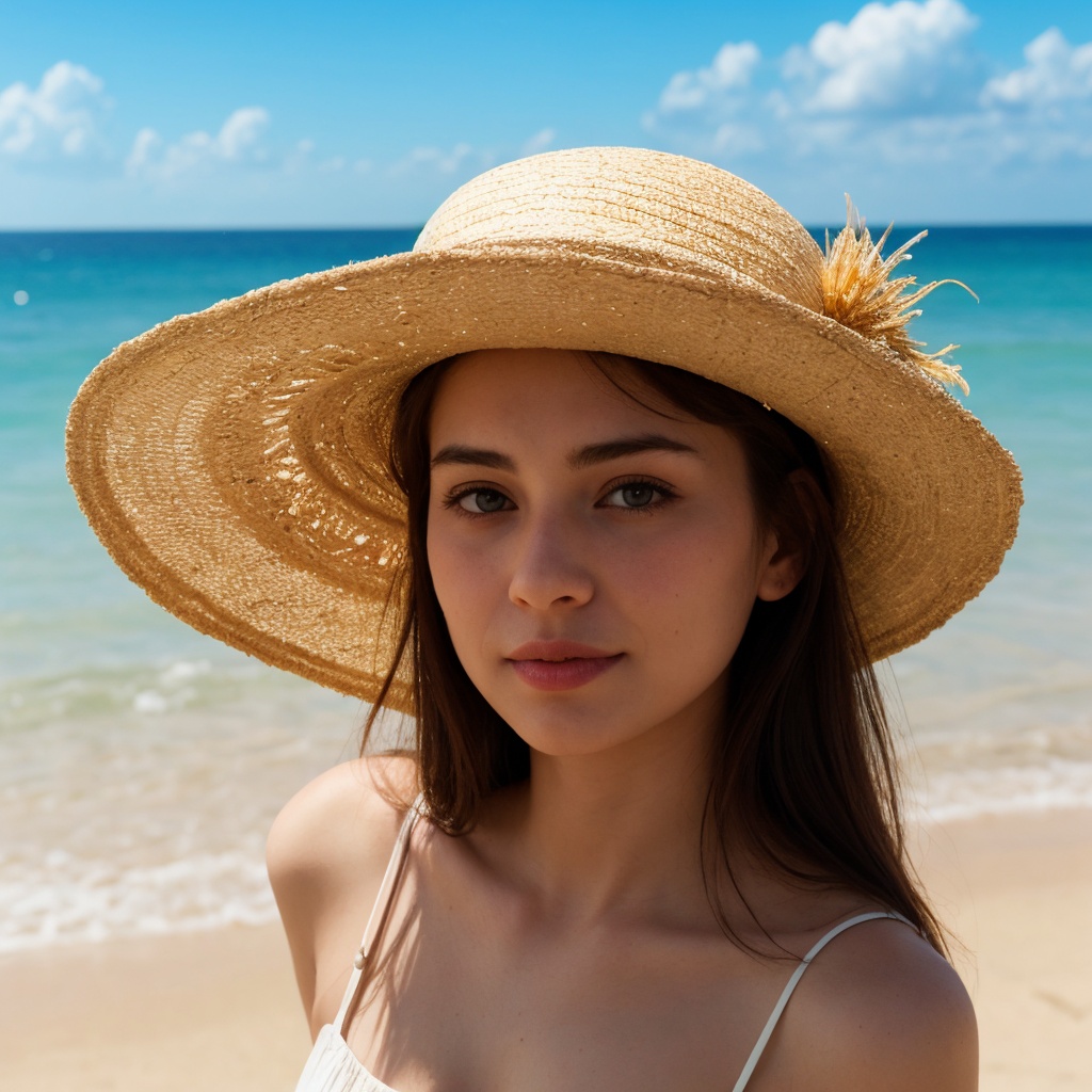a woman wearing a sundress and a straw hat on a beach,  extreme detail,  hyper realistic on Tensor.Art