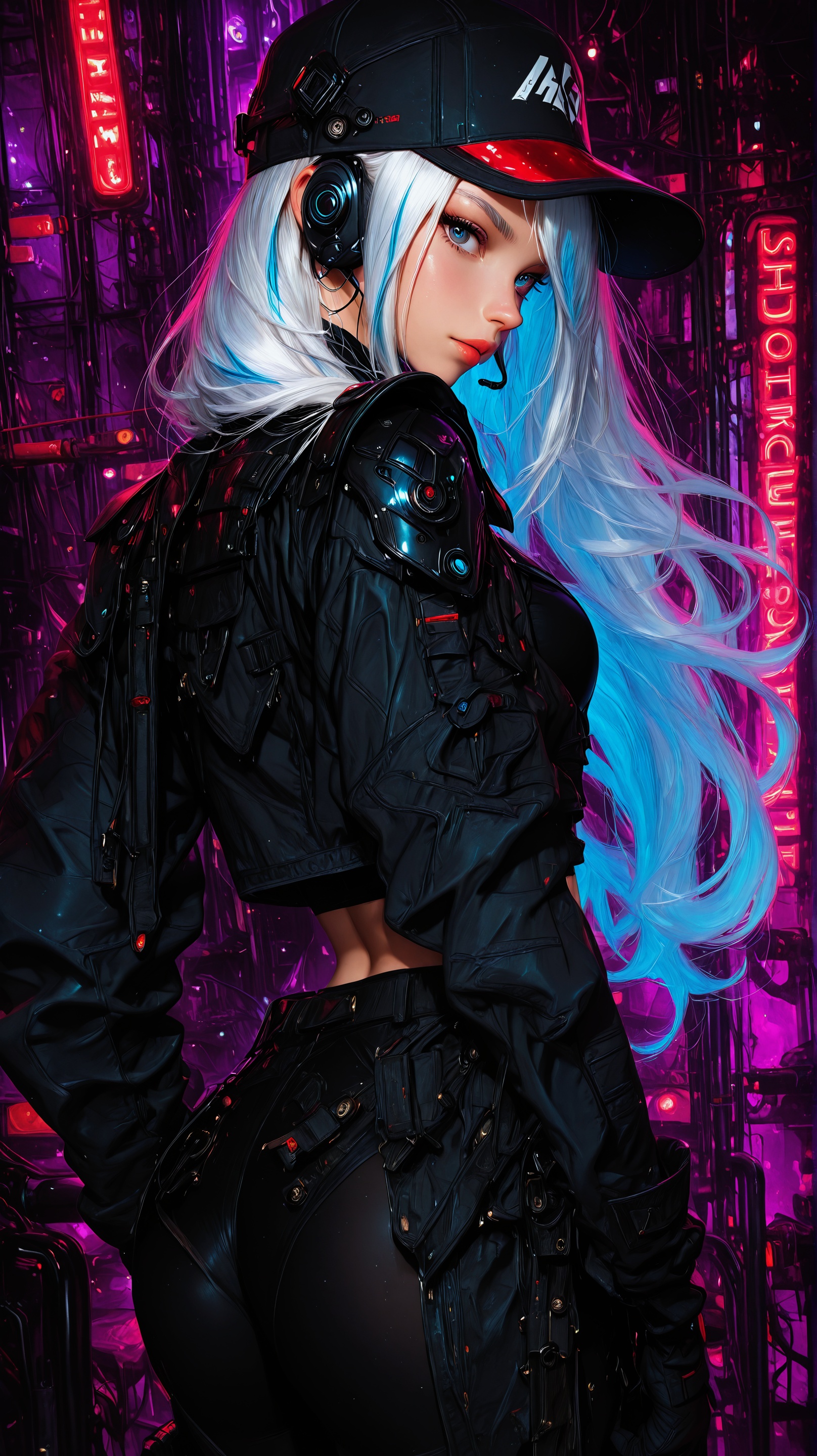 A digital illustration shoot from a profile angle about a futuristic female character with long,  flowing white hair weari...
