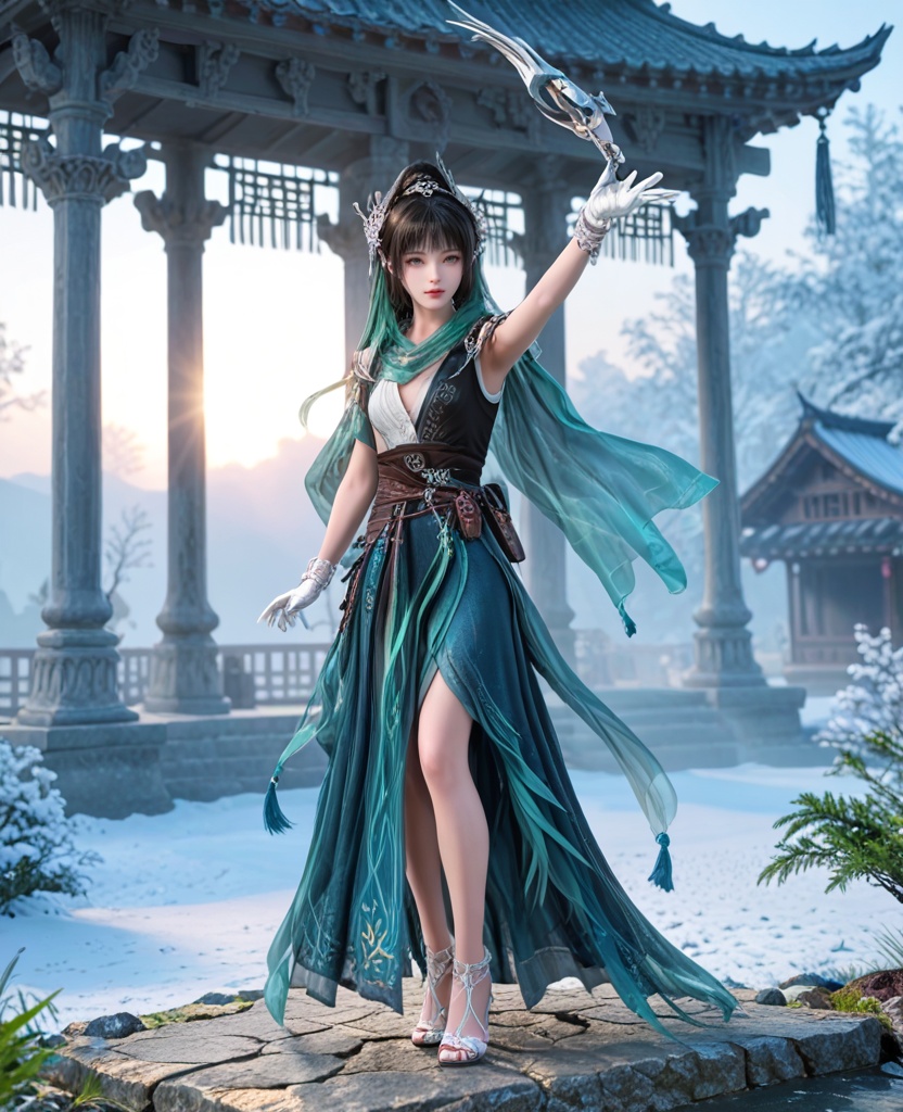 (oriental architecture, elegant decor, sophisticated style:1.1),(Posing on tiptoes with arms outstretched, reaching for the sky,:1.1),(breasts:1.2),<lora:XL剑网三陈月宗主:0.95>,miss chenyue,dress,black hair,hair ornament,earlock,blunt bangs,white gloves,belt,scarf,bracelet,, score_9,score_8_up,score_7_up,score_6_up,score_5_up,score_4_up,3d rendering,tag1,tag2, Cinematic Lighting,backlighting,