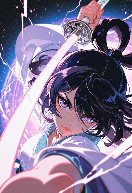 masterpiece,best quality,ultra-detailed,very aesthetic,sharp focus,depth of field,vibrant colors,ray tracing,best lighting,detailed illustration,detailed background,cinematic,beautiful face,beautiful eyes, yoneyama mai,dynamic composition,close-up,high angle,dutch_angle, BREAK 1girl,looking_at_viewer, black_hair, hanfu,hair_rings, fighting_stance,lunge,lightning_farron,swinging,holding sword, Lightning splatter,lightning storm, dreamscape,dreamy, BREAK abstract colors,multicolored,