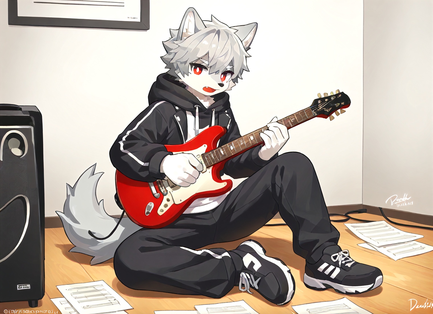 solo, looking at viewer, short hair, open mouth, red eyes, long sleeves, 1boy, holding, animal ears, sitting, jacket, tail, full body, grey hair, male focus, shoes, fang, pants, artist name, indoors, signature, hood, twitter username, black footwear, black jacket, hoodie, black pants, wolf ears, hood down, instrument, bright pupils, furry, paper, music, drawstring, guitar, furry male, body fur, white fur, playing instrument, holding instrument, electric guitar, track pants, wolf boy, grey fur, sheet music