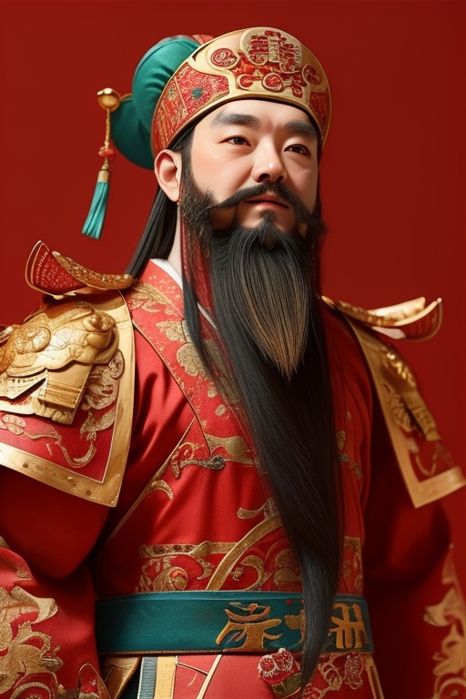 caishen,beard,Low Angle,stand，Red background,<lora:caishen-000004:0.7>,Half of one's body,solo