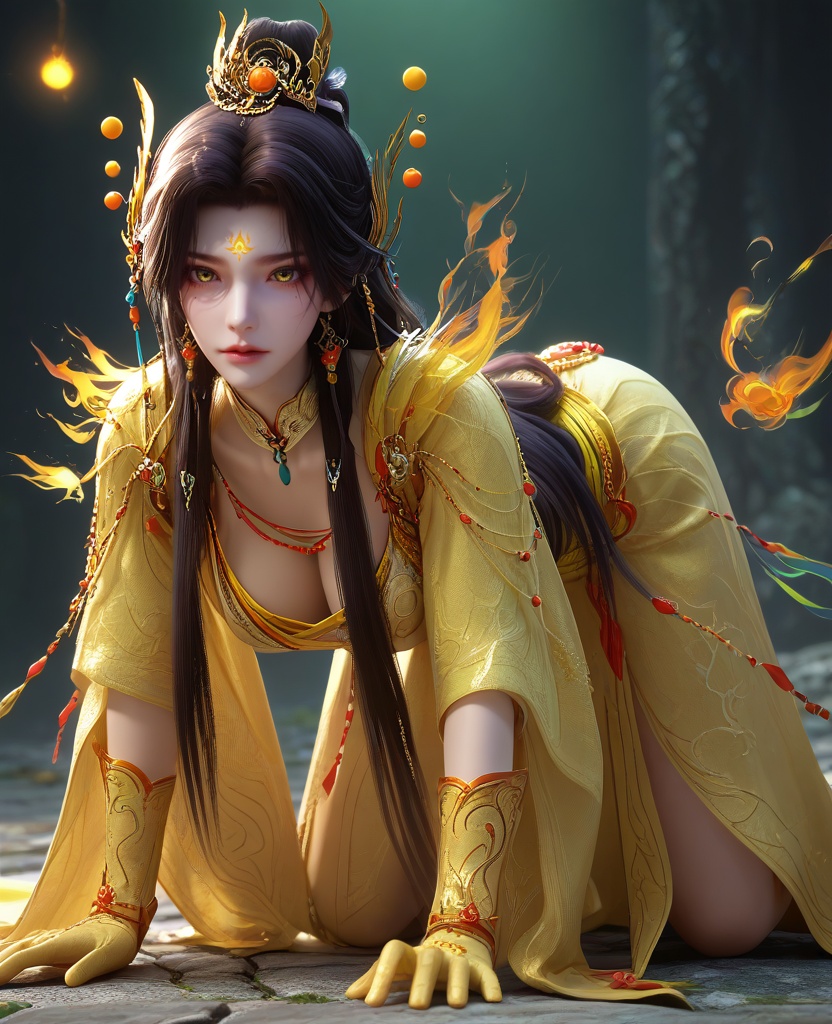 (all fours,prostration:1.1),(large breasts:1.2),<lora:XL16云深不知梦羲和众生愿:0.95>,miss xihe,white tiered dress,yellow shawl,yellow eyes,forehead mark,glowing facial mark,black hair,traditional chinese updo with long front strands,absurdly long hair,hair ornament,jewelry,yellow gloves,, score_9,score_8_up,score_7_up,score_6_up,score_5_up,score_4_up,3d rendering,tag1,tag2, Cinematic Lighting,backlighting,
