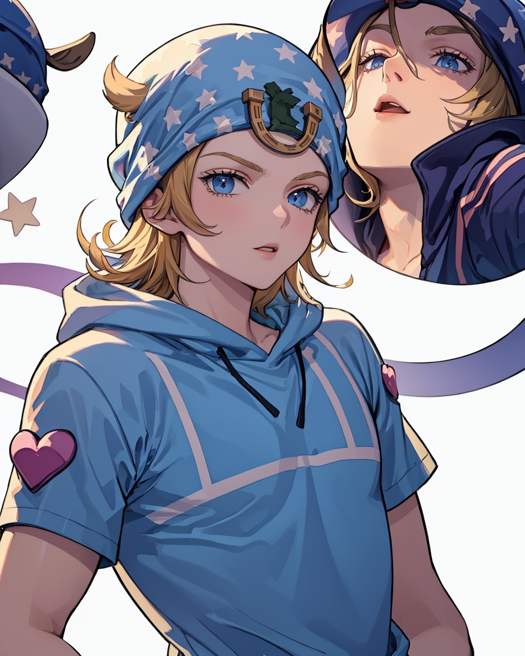 masterpiece,best quality, highly detailed, johnny joestar,solo, 1boy, male focus, hat, hoodie, pointing, star (symbol),<lora:johnny_joestar:1>
