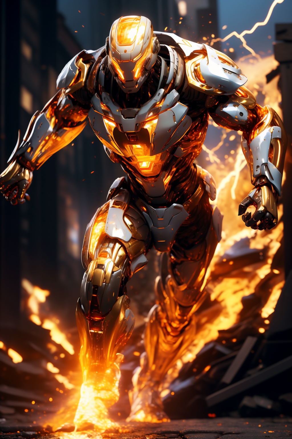 hjyfirerobot,(flame:1.5),fog,(flashing lightning:1.1),(wind),chaos flame around mecha,(spark:1.2),(rush out from flame and flashing:1.3),blue light glowing eyes,sleek mecha,sleek helmet,hjytransprobot2,Science Fiction Transparent Helmet,Transparent mecha,Semitransparent plastic material,(glowing gold robot:1.2),masterpiece,best quality,(highly detailed),cyborg,(full body:1.2),wide angle,(ruins  background:1.2),run,<lora:hjyfirerobot2--000010:1>,power armor,<lora:hjytransprobot2-000015:0.3>,