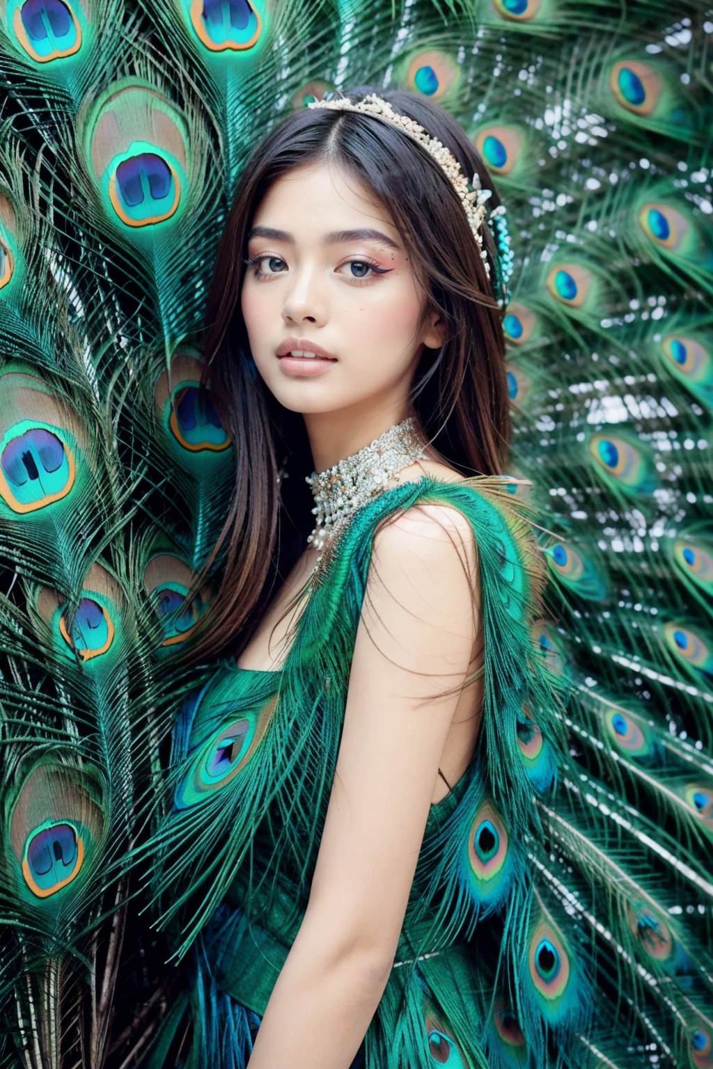 Camera film style,1girl,asians,Fashion photography portrait,((upper body:1)),(1girl is surrounded by Peacock feather from head to neck , ((long hair:1)), (wear Peacock feather outfit fashion with ruffled layers:1),, masterpiece,best quality,