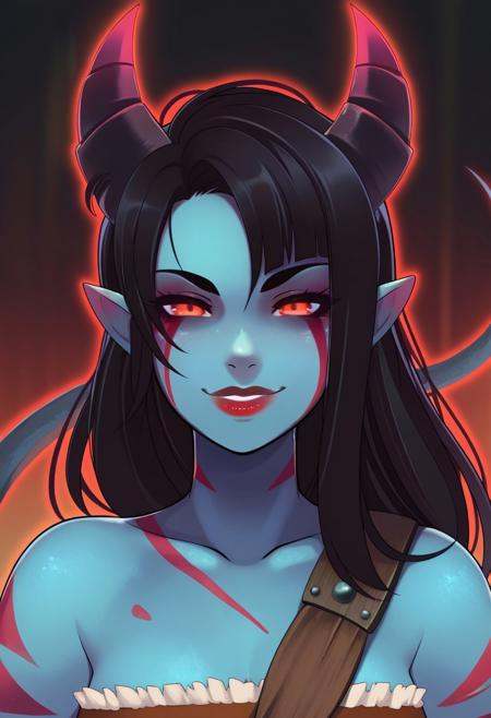 TSMPK Style, 1girl, portrait, beautiful, tiefling shaman, black hair, (long hair:1.3), side bangs, horns, barbarian, gladiator, war paint, tribal markings, long tail, blue skin, red lips, red eyes, glowing eyes, (smug:0.85), dramatic lights, detailed