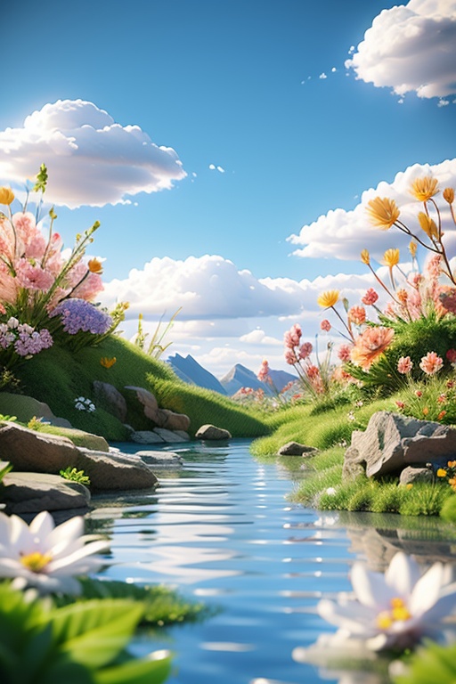 CDCJ,3D,product photography,still life,flower,outdoors,sky,day,cloud,water,tree,blue sky,no humans,white flower,nature,scenery,reflection,rock,mountain,field,river,lake,