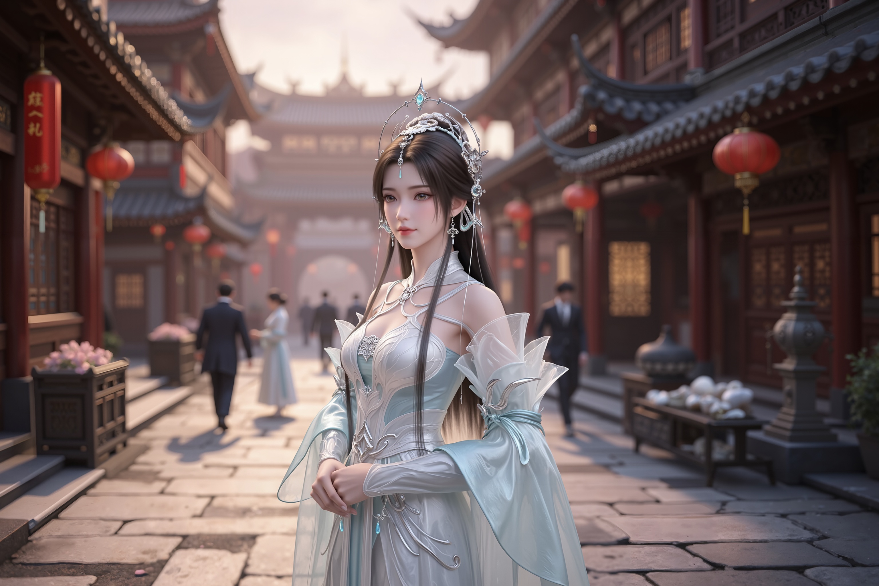 <lora:清漪·新建模6:1.1>,qingyi,n "Perfect World",Qingyi,dressed in a magnificent white dress,strolls leisurely among the streets of an ancient Chinese city filled with the hustle and bustle of daily life. Her temperament is extraordinary and refined,as if a fairy has descended to the mortal world,perfectly blending with the ancient charm of the ancient city to form a breathtakingly beautiful picture that intoxicates the heart.,<lora:DJ滤镜_2.5D版:0.2>,lvjing,<lora:油画唯美滤镜15:0.3>,baoshi,