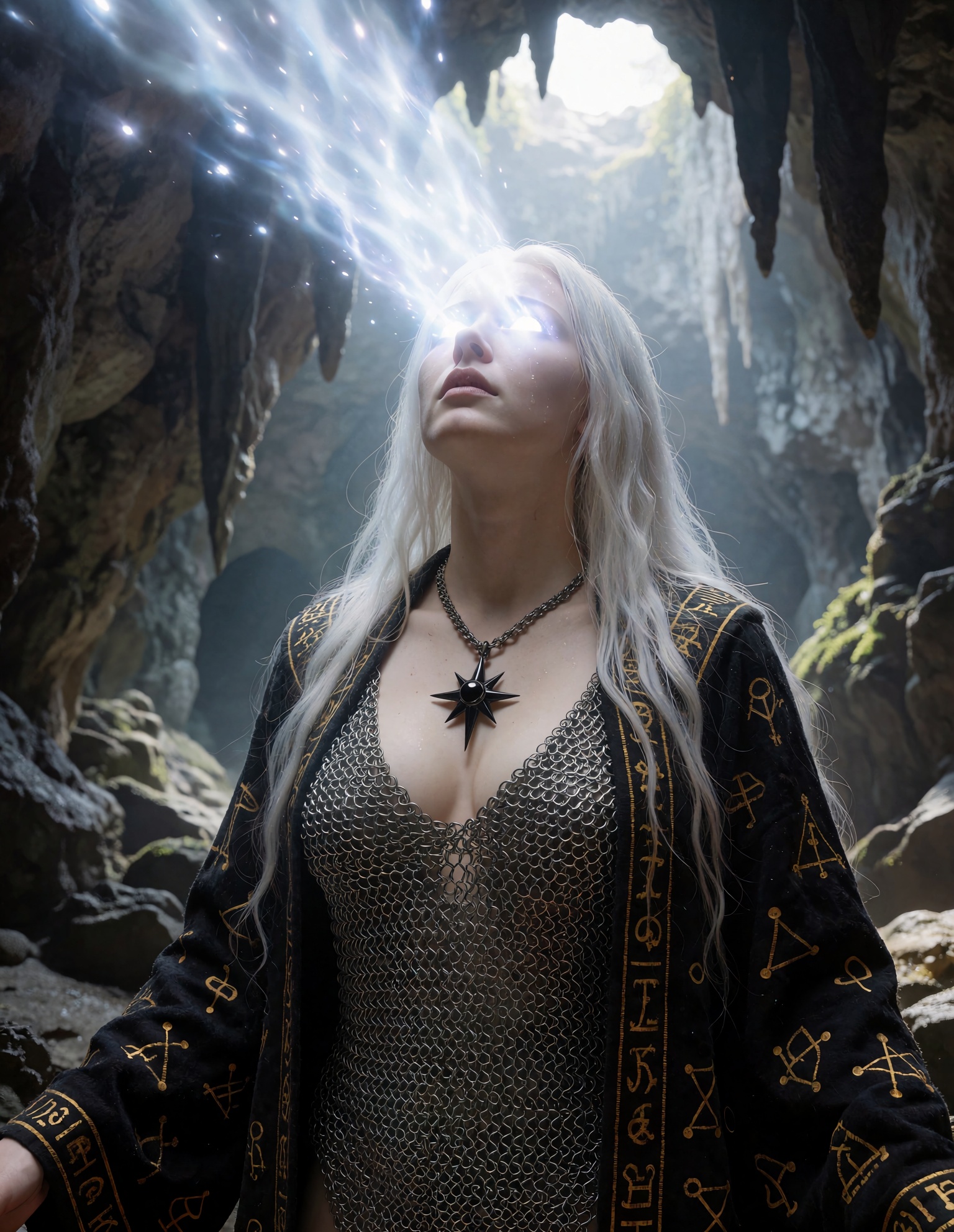 the ultimate being has come,  alien light floods from her eyes,  illuminating a giant cave on Tensor.Art