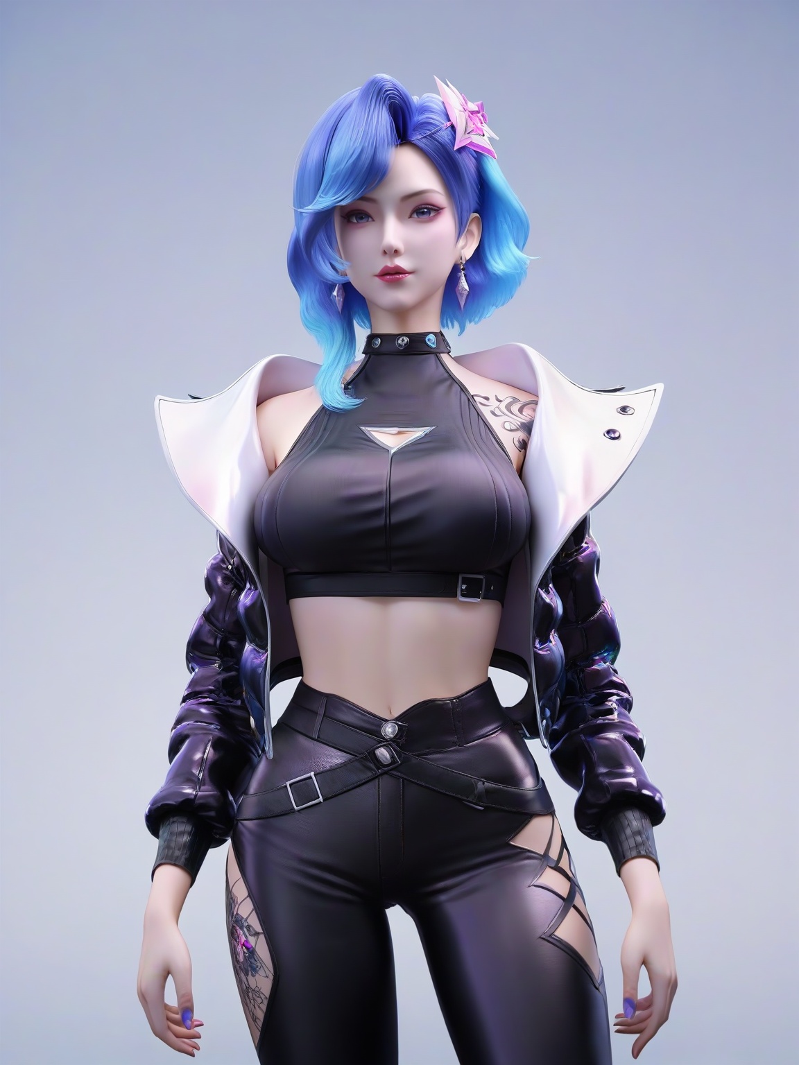 score_9,1girl,solo,jacket,short hair,standing,open jacket, black jacket,earrings,hair ornament,multicolored hair,blue eyes,black pants,crop top,blue hair,leather,large breasts,standing,lipstick,cowboy shot,tattoo,looking at viewer,simple background,<lora:SF_LiuFei_KJWJ_Pony_Realism2.3-000003:0.7>,